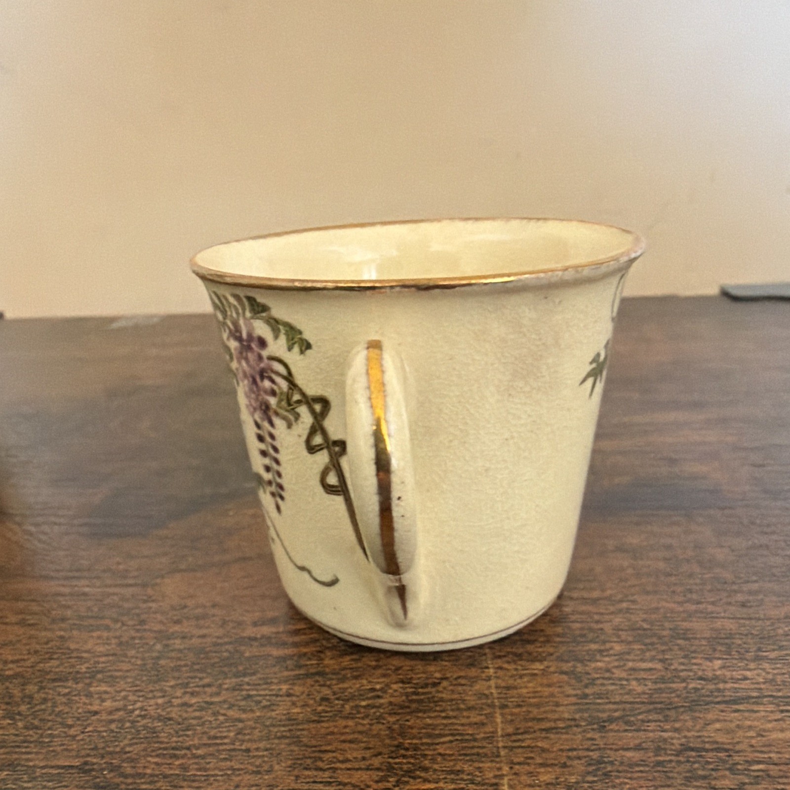 Set of 3 Ceramic Coffee Mugs Cream Purple Floral Vine Gold Rim 8 fl oz