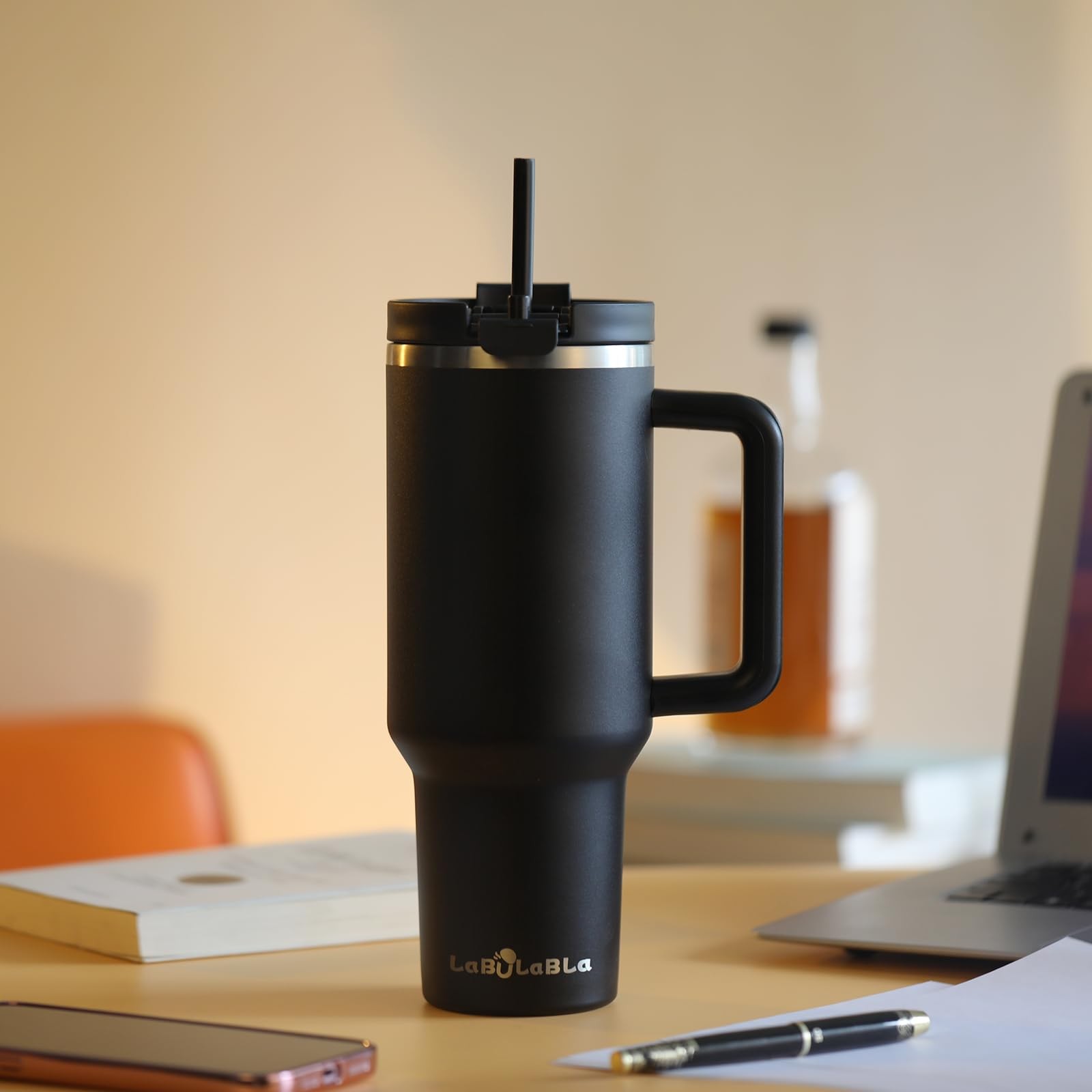 40oz Stainless Steel Tumbler with Handle, Straw & Leak~Proof Lid, Black