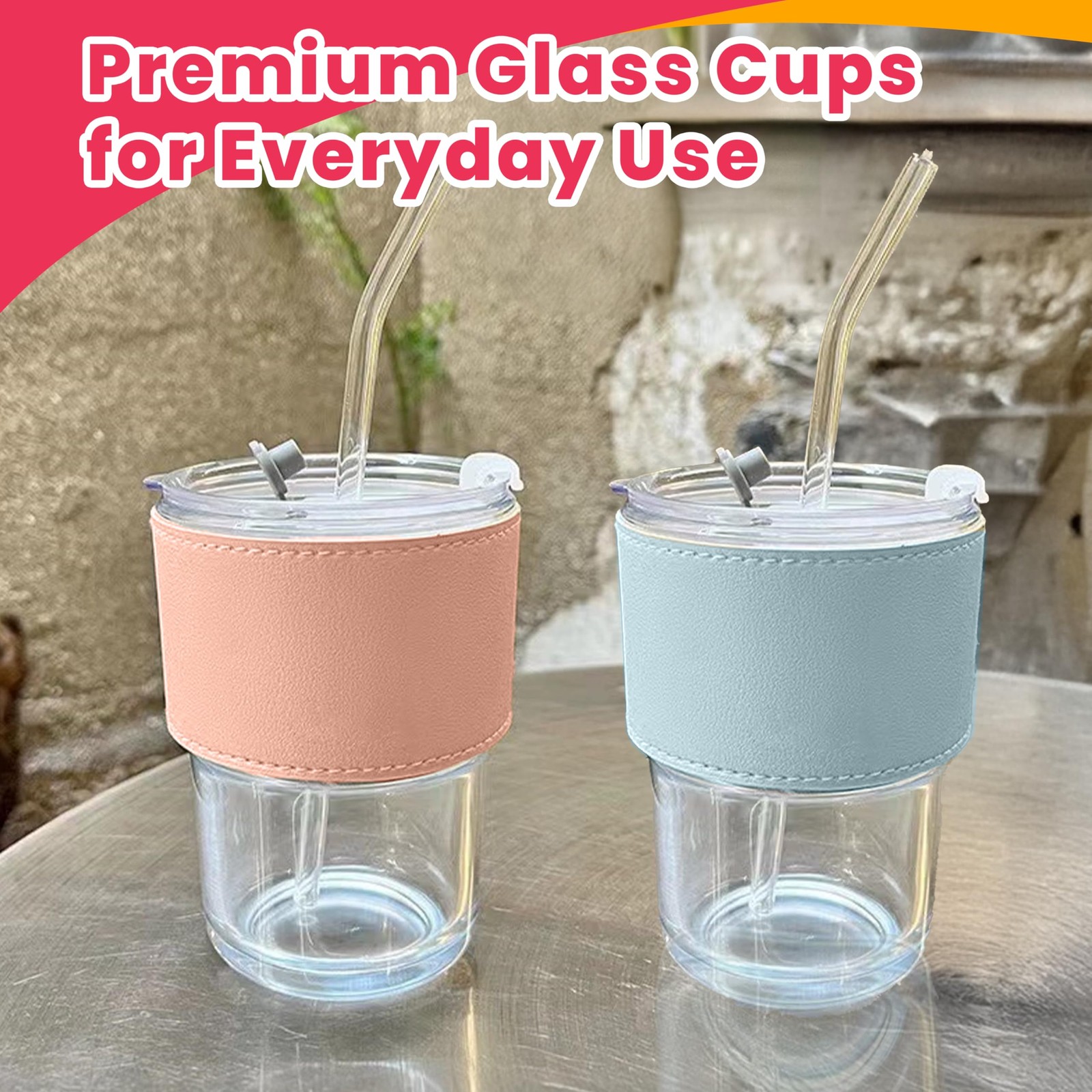 2 pcs Glass Tumbler with Straw and Lid 13 oz (380ml) Tumbler Water Glass Coff…