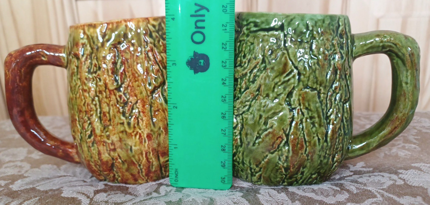 Bark Glossy Gold Green Rustic Cabin VTG Ceramic 16 Oz Coffee 4″ Mugs Pr Set