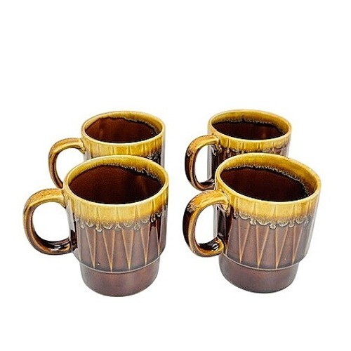 Vintage Japan Drip Glaze Coffee Mugs Set of 4 Brown Ochre Mid Century Modern 4in