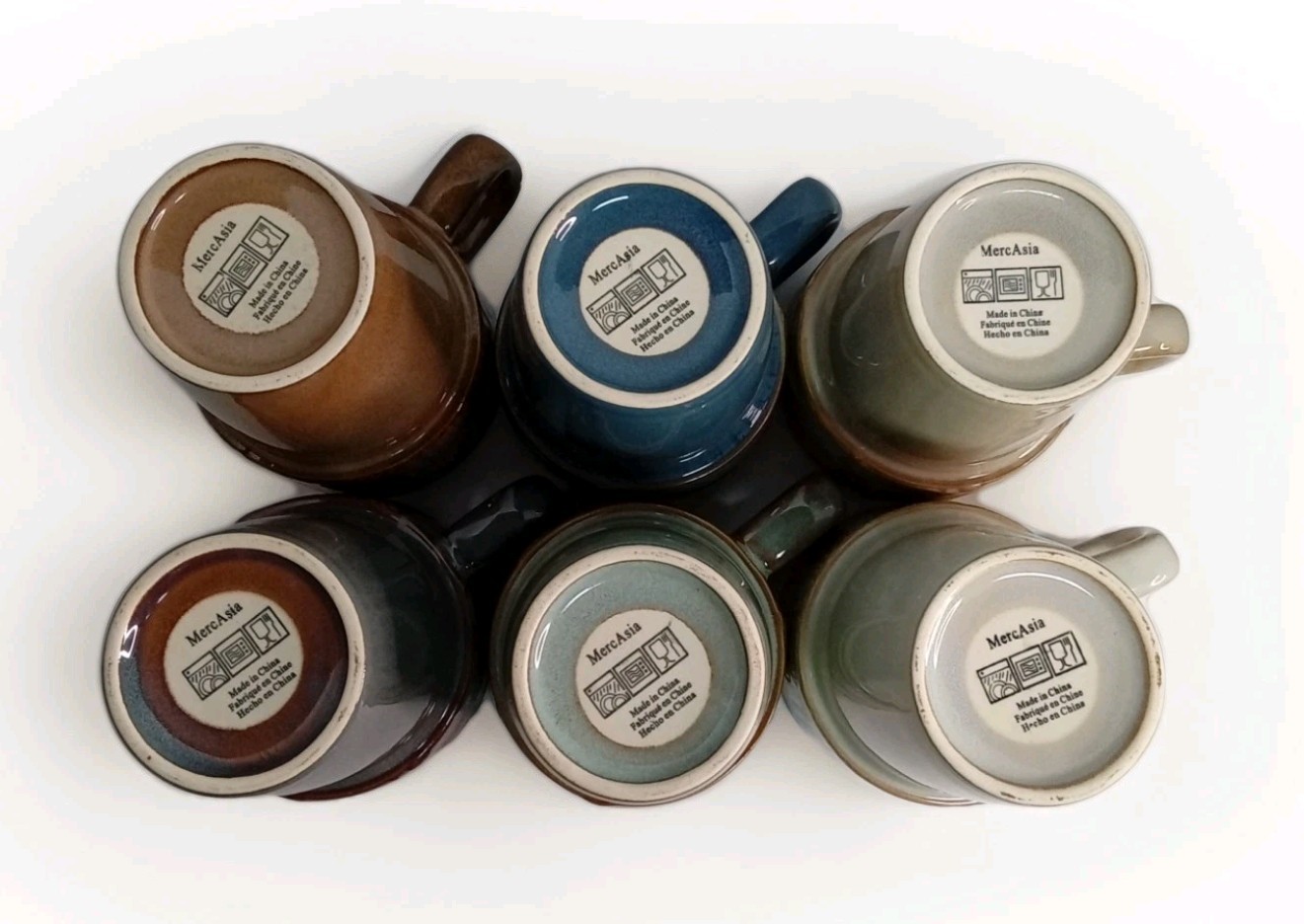 RARE MercAsia 6 Stacking Stoneware Coffee Mugs in Iron Stand Artisanal Colors
