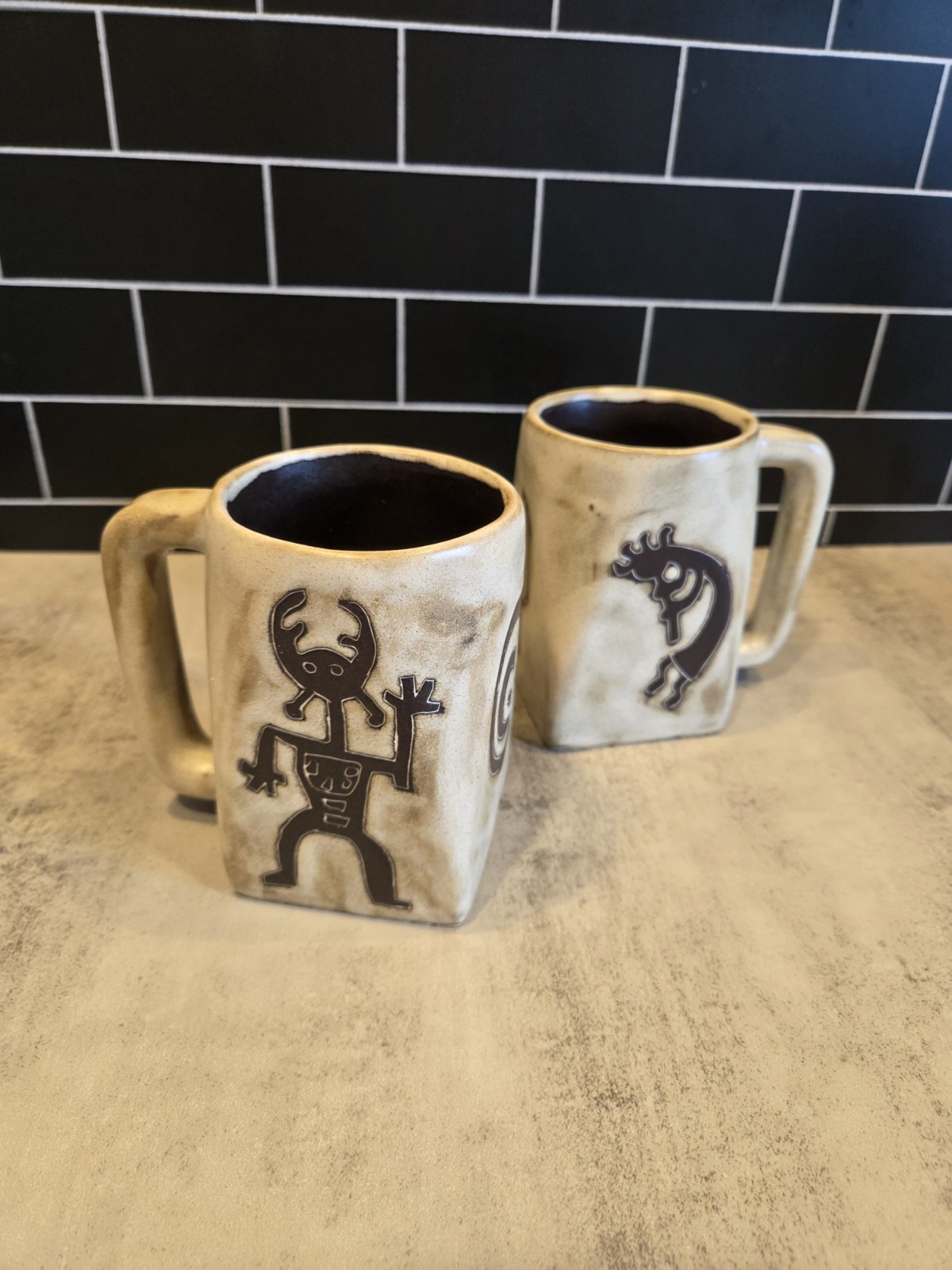 Mara Stoneware Mugs Set of 2 Kokopelli & Warrior Traditional 12 oz. Square Base