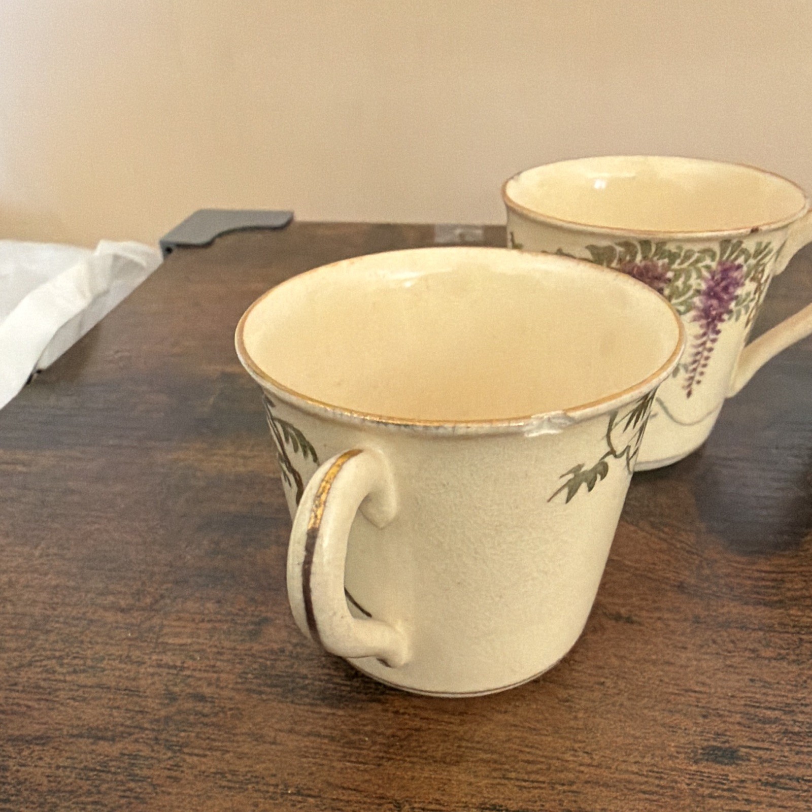 Set of 3 Ceramic Coffee Mugs Cream Purple Floral Vine Gold Rim 8 fl oz