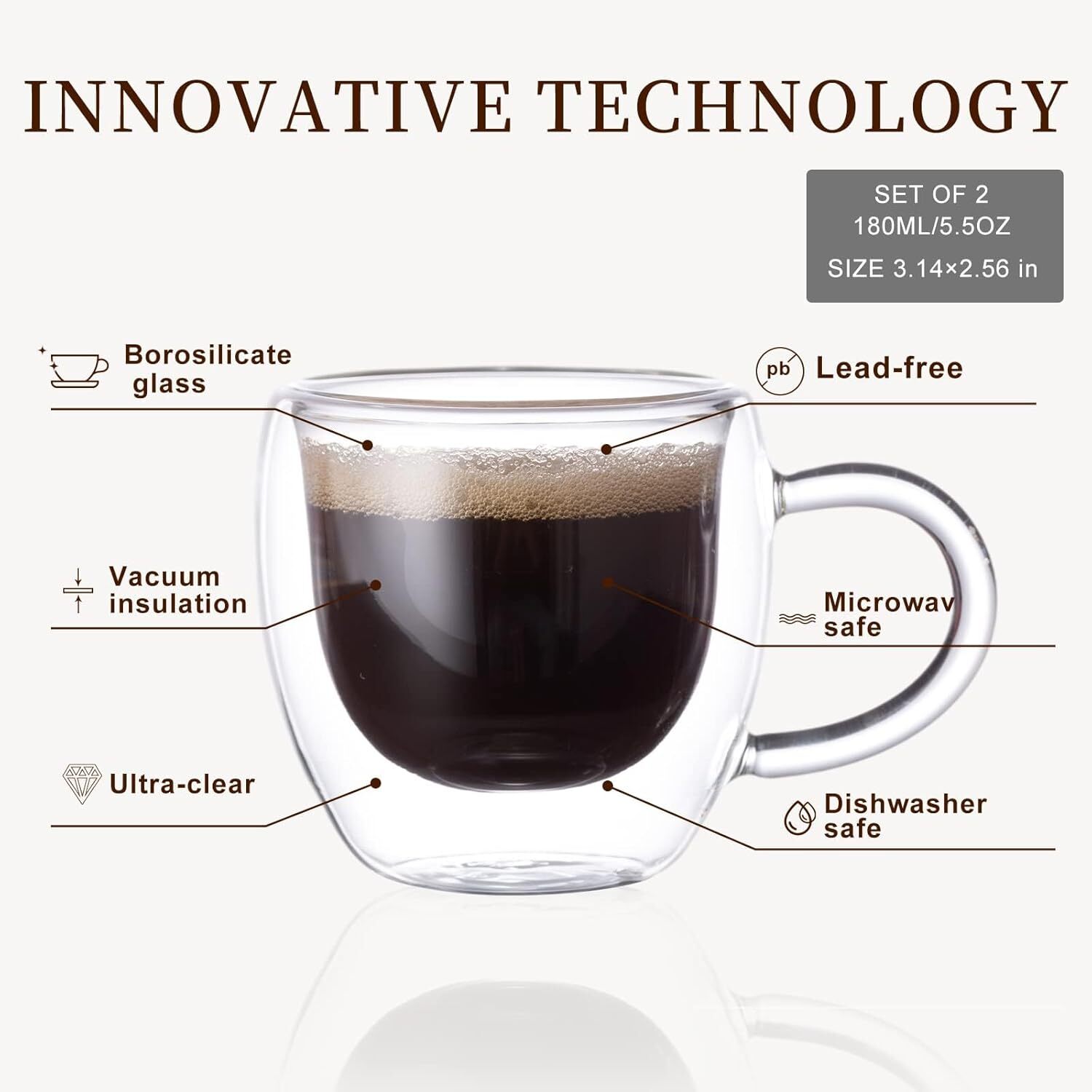 Espresso Cups Set Of 2, Double Wall Insulated Glass Coffee Mugs 5.5 OZ, Cappu…