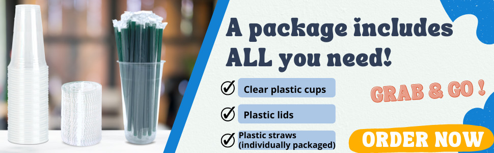 Clear Plastic Cups with Lids and STRAWS, Disposable Drinking Cups for Cold