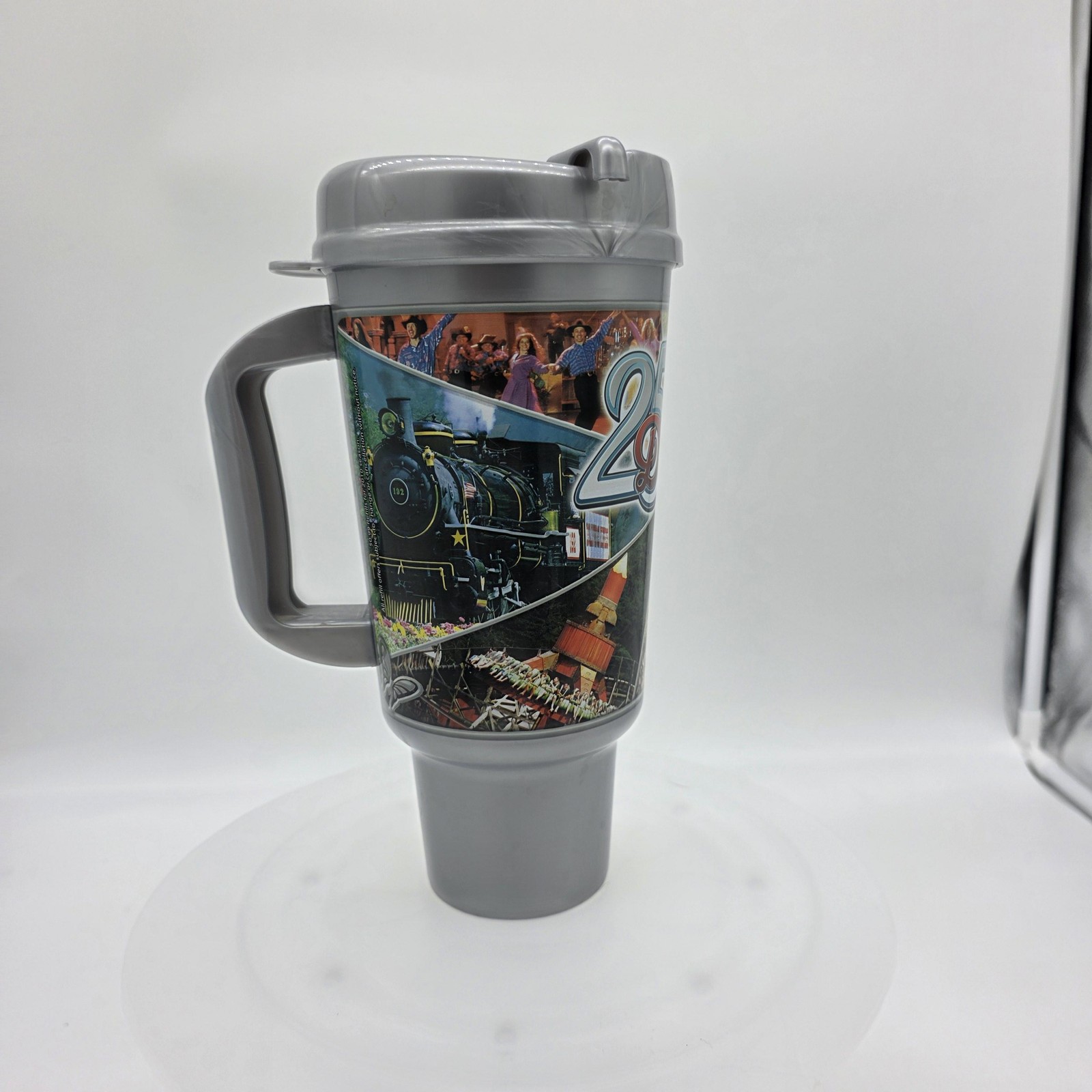 Dollywood Travel Mug Gray Plastic 25th Anniversary Theme Park Logo Handle Cup