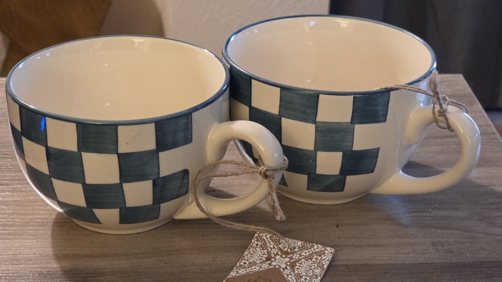 Hand Painted Checkered Soup Mugs 5″ Ceramic Made in India Blue White Set of 2