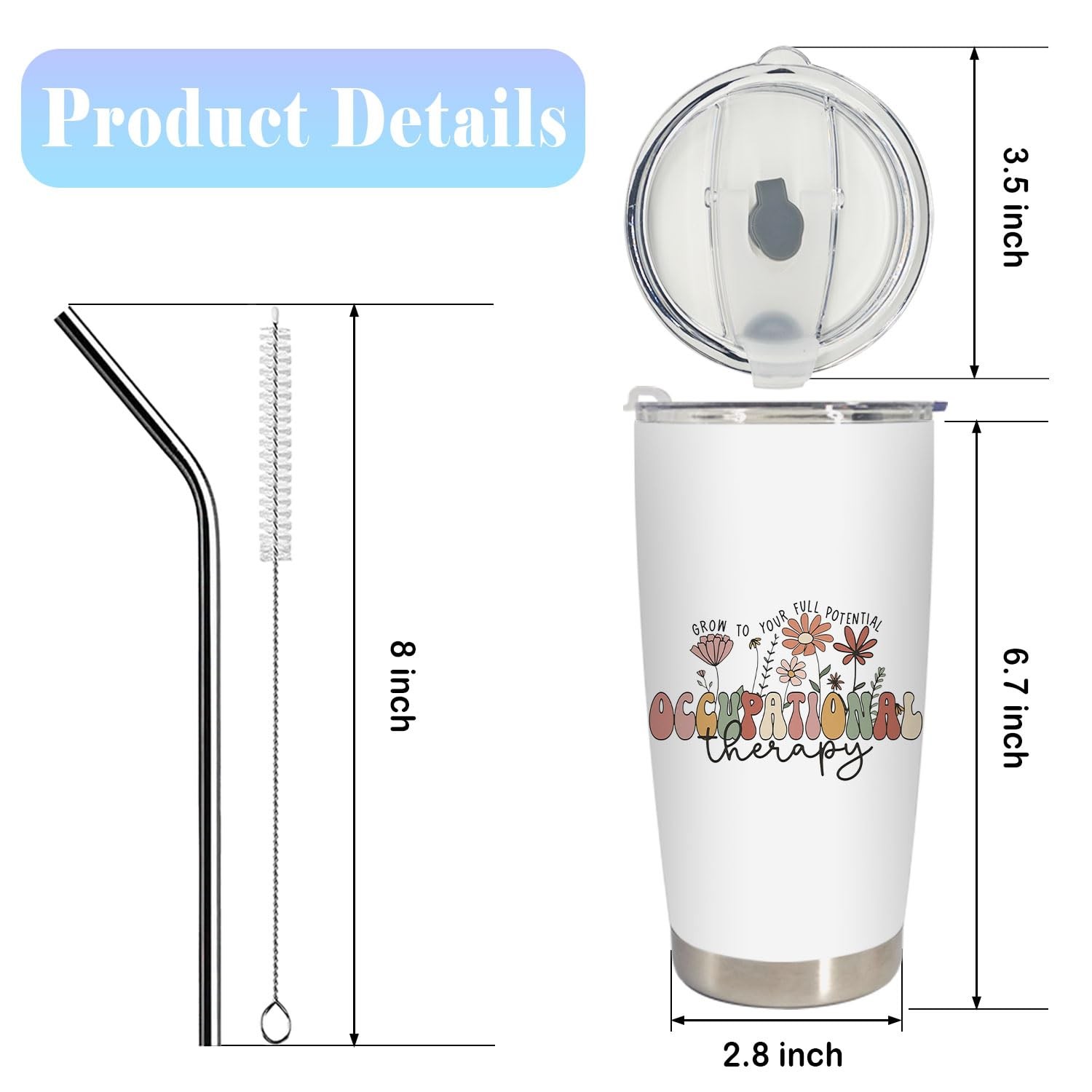 Occupational Therapy Gifts Stainless Steel Tumbler with Lid and Straw 20oz, O…