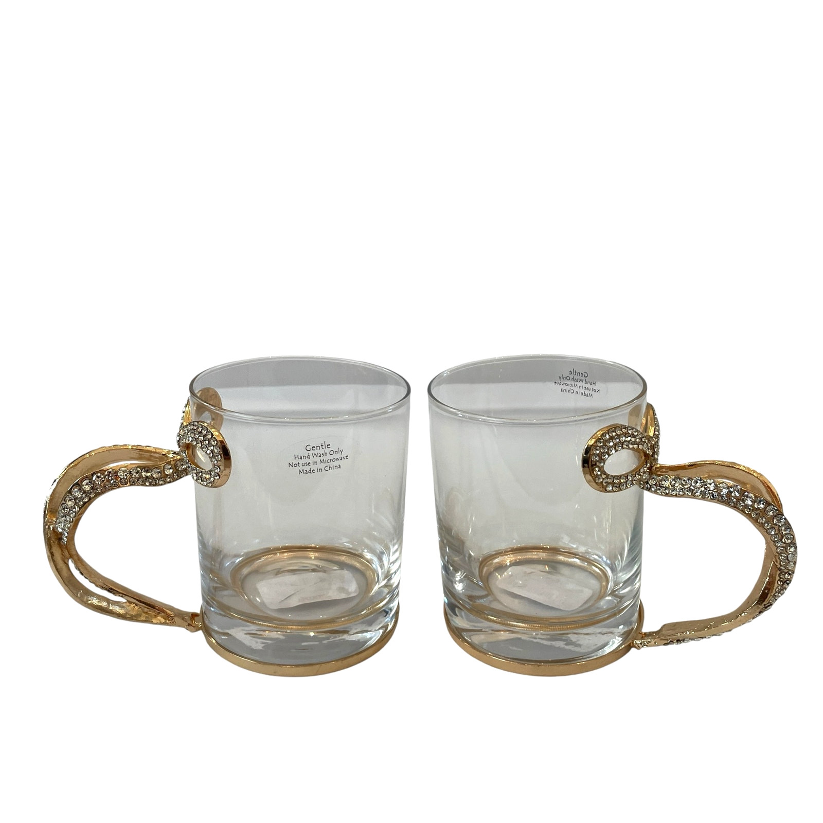 Gold & Rhinestone BOW Handle Glass Mug Coffee Tea Cup Set of 2 Glam Kitchen New