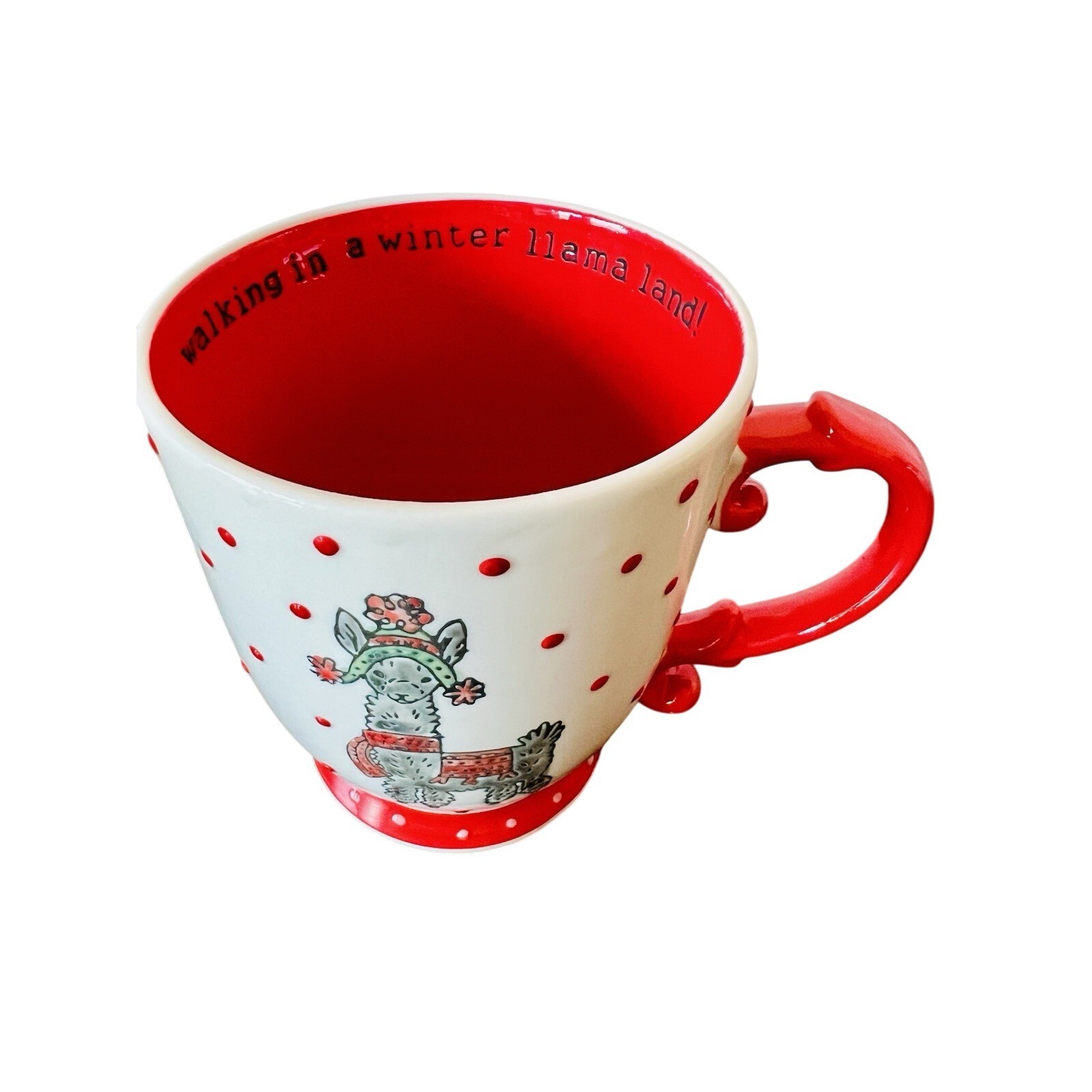Peppermint & Pine Winter Llama Land Christmas Coffee Mug Red Polka Dot Footed