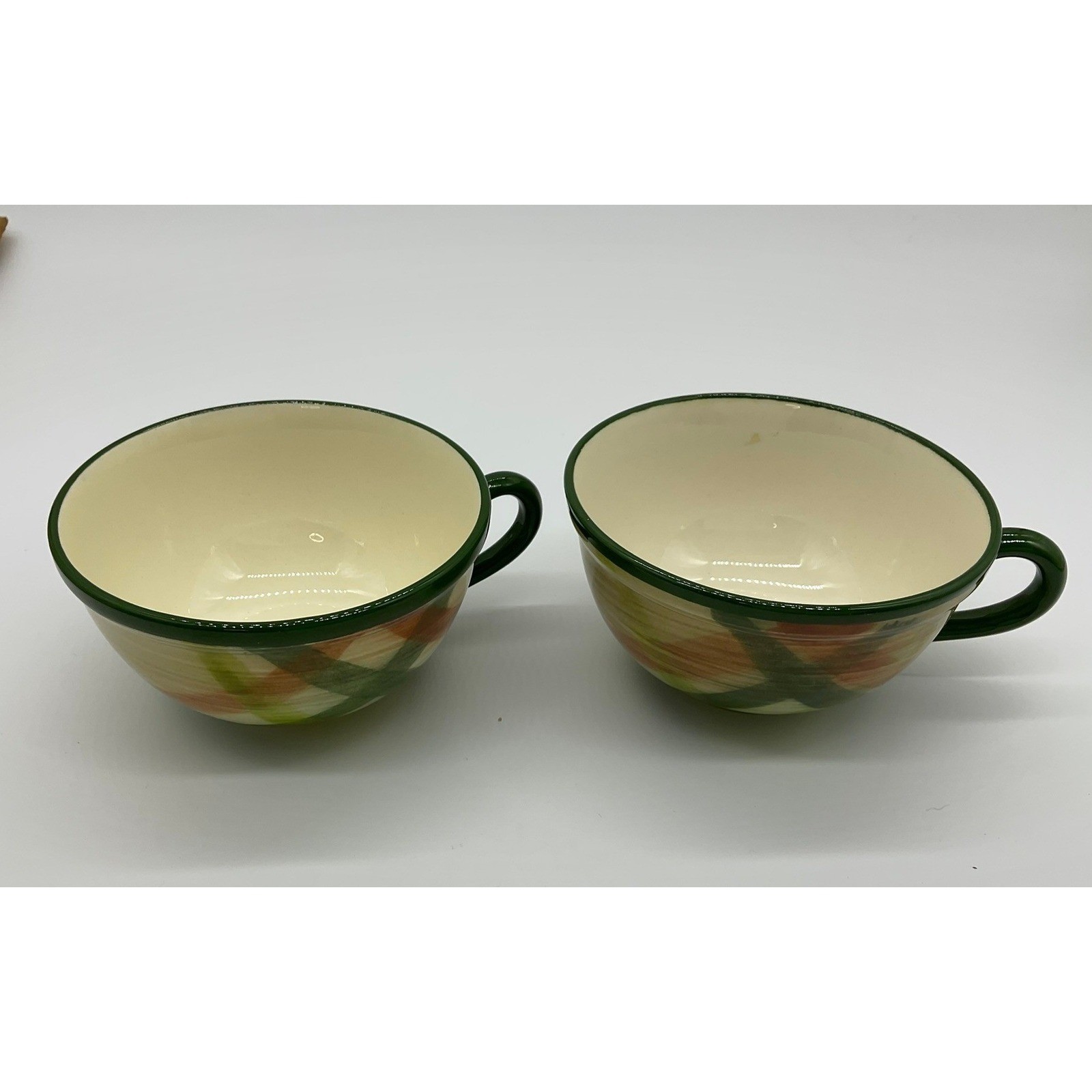 Vintage Tea Cups Unisex OS Green Orange Plaid Hand Painted Ceramic Set 2 Mug