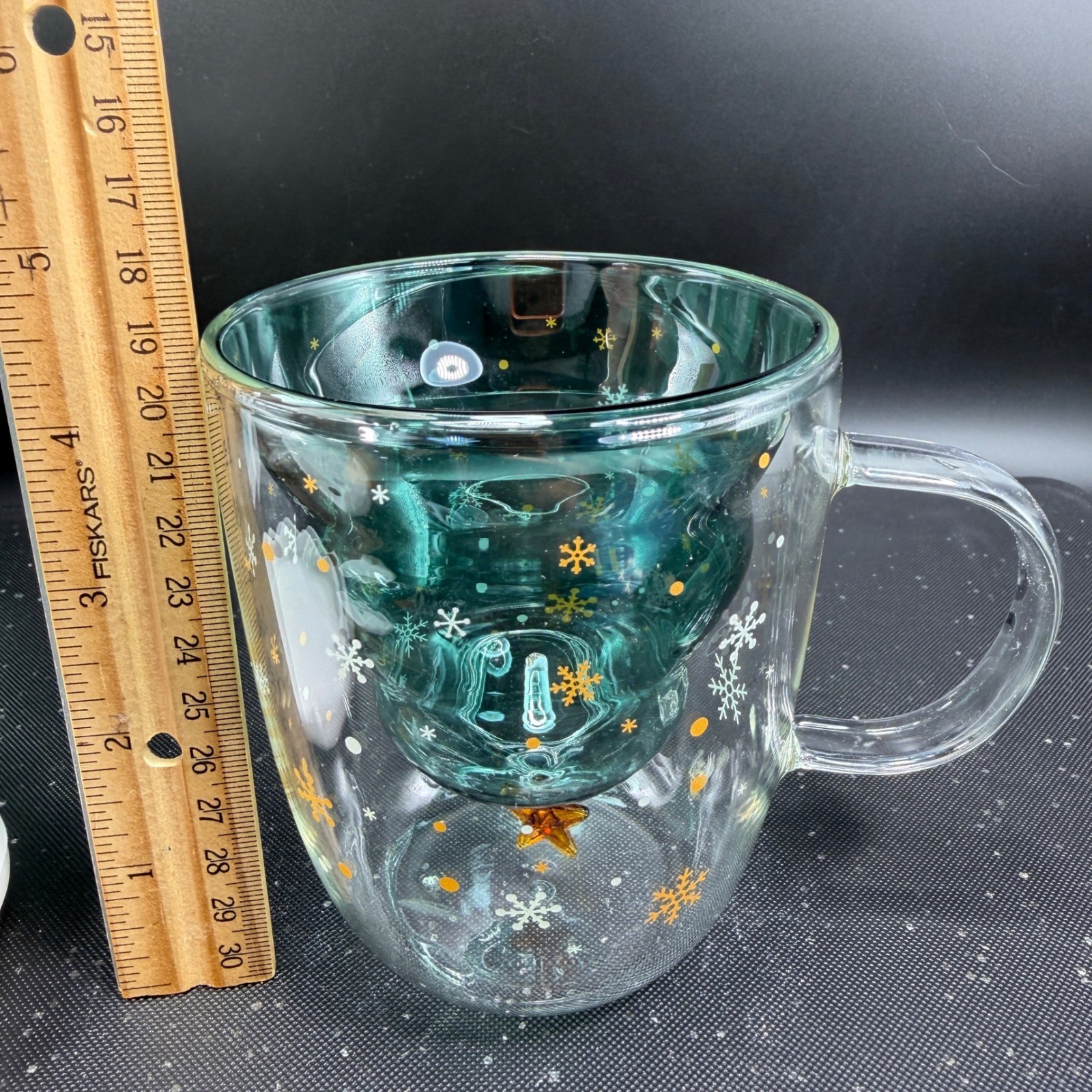 Christmas Tree Double Wall Glass Mug 250ml Teal Green Snowflake Insulated Cup