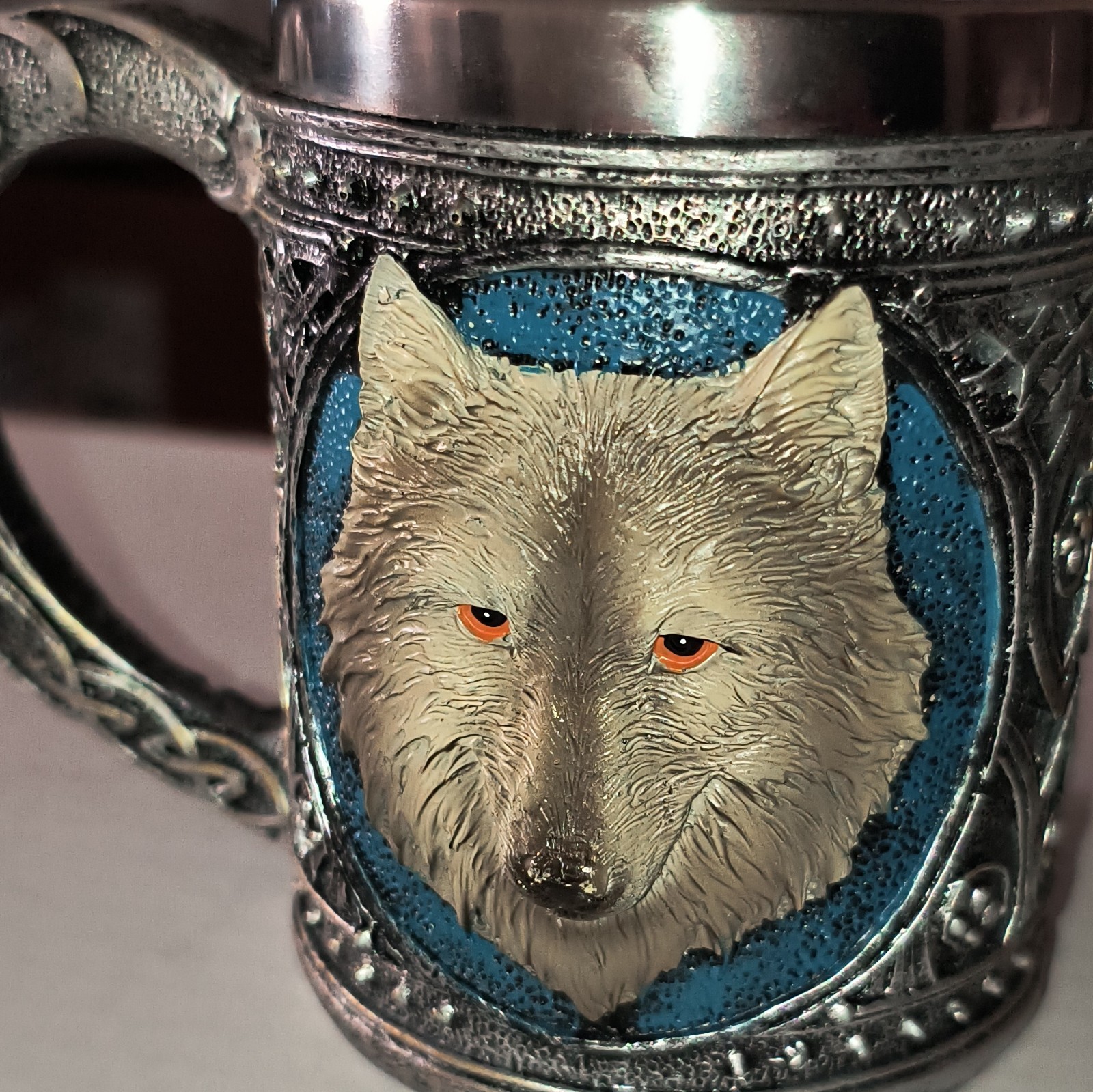 3D Wolf Decorated Metal Mug, 16 oz, Silver/Blue, Round 1-Piece Set