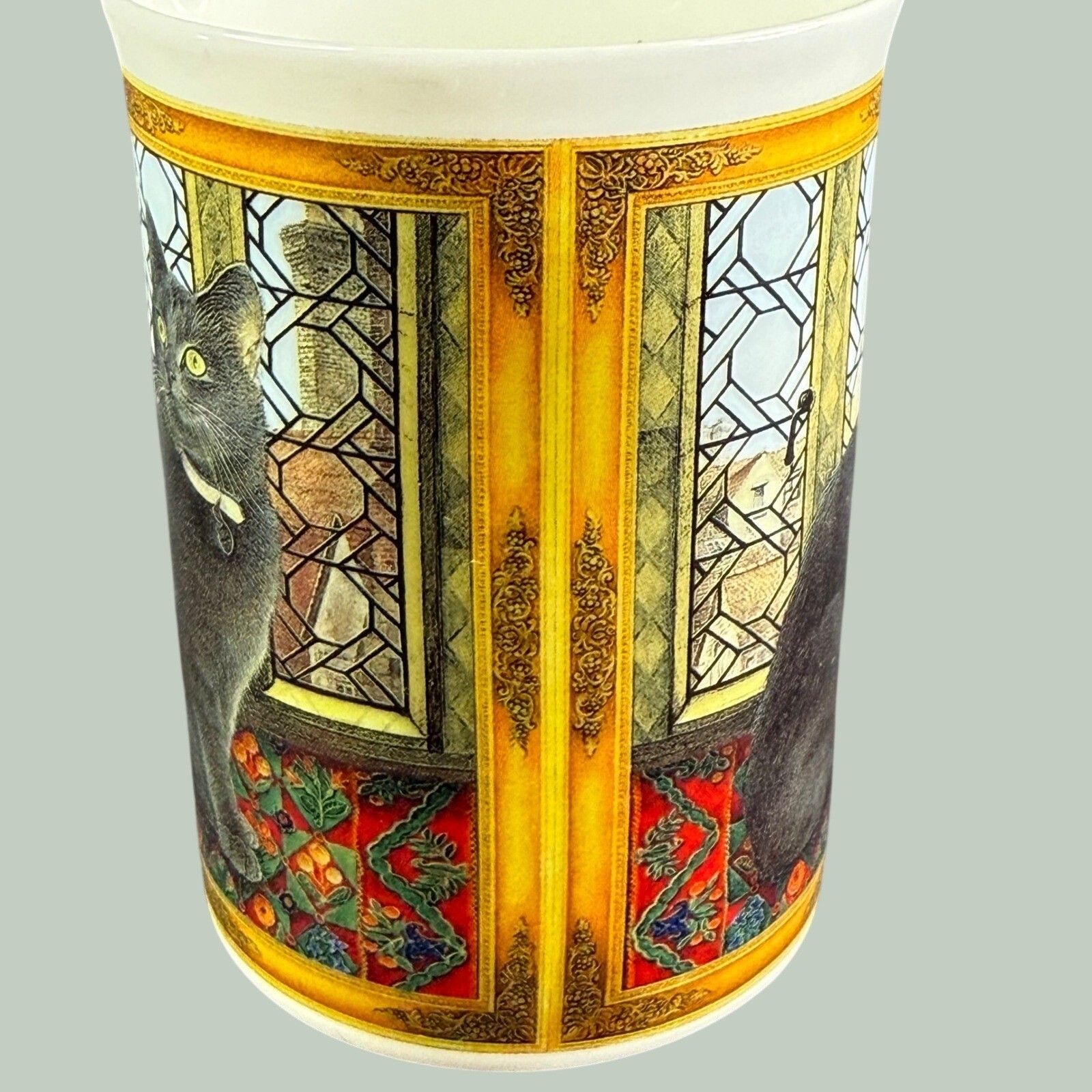 Crown Trent Fine Bone China Grey Cat Stained Glass Window Mug Made in England