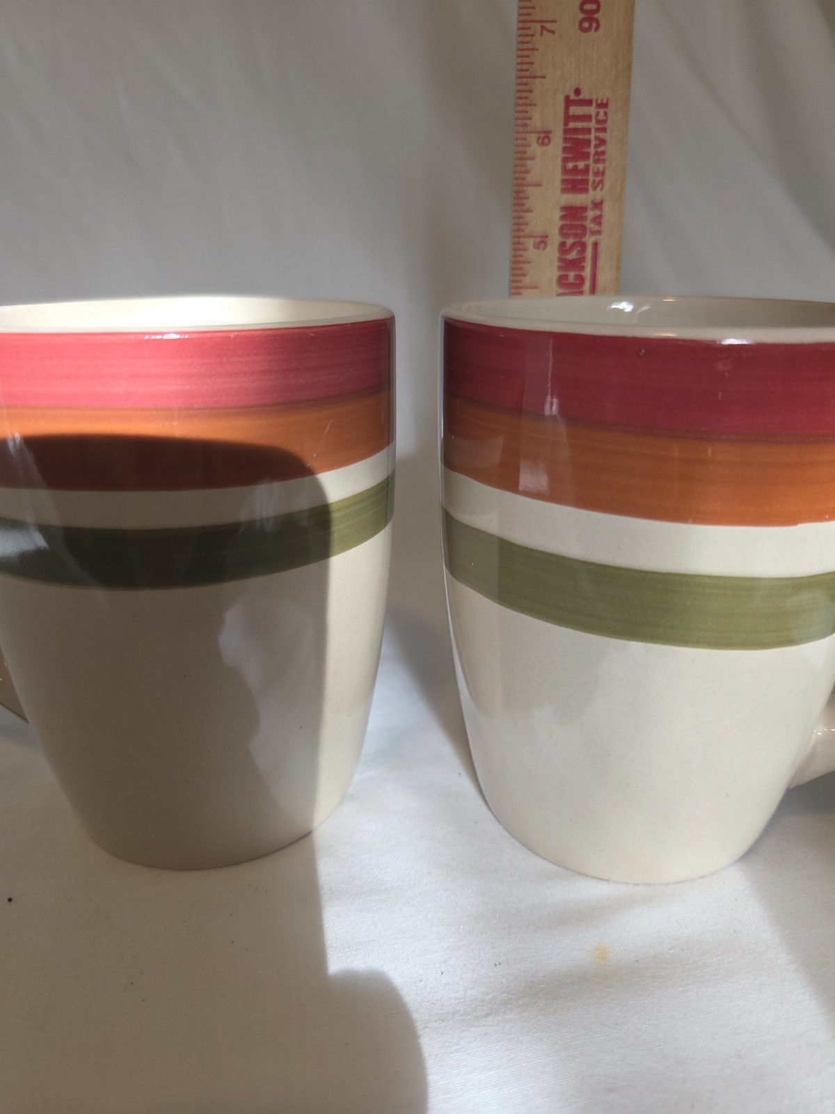Ceramic Coffee Mug Set Striped Multicolor Red Orange Green Two-Piece 4in