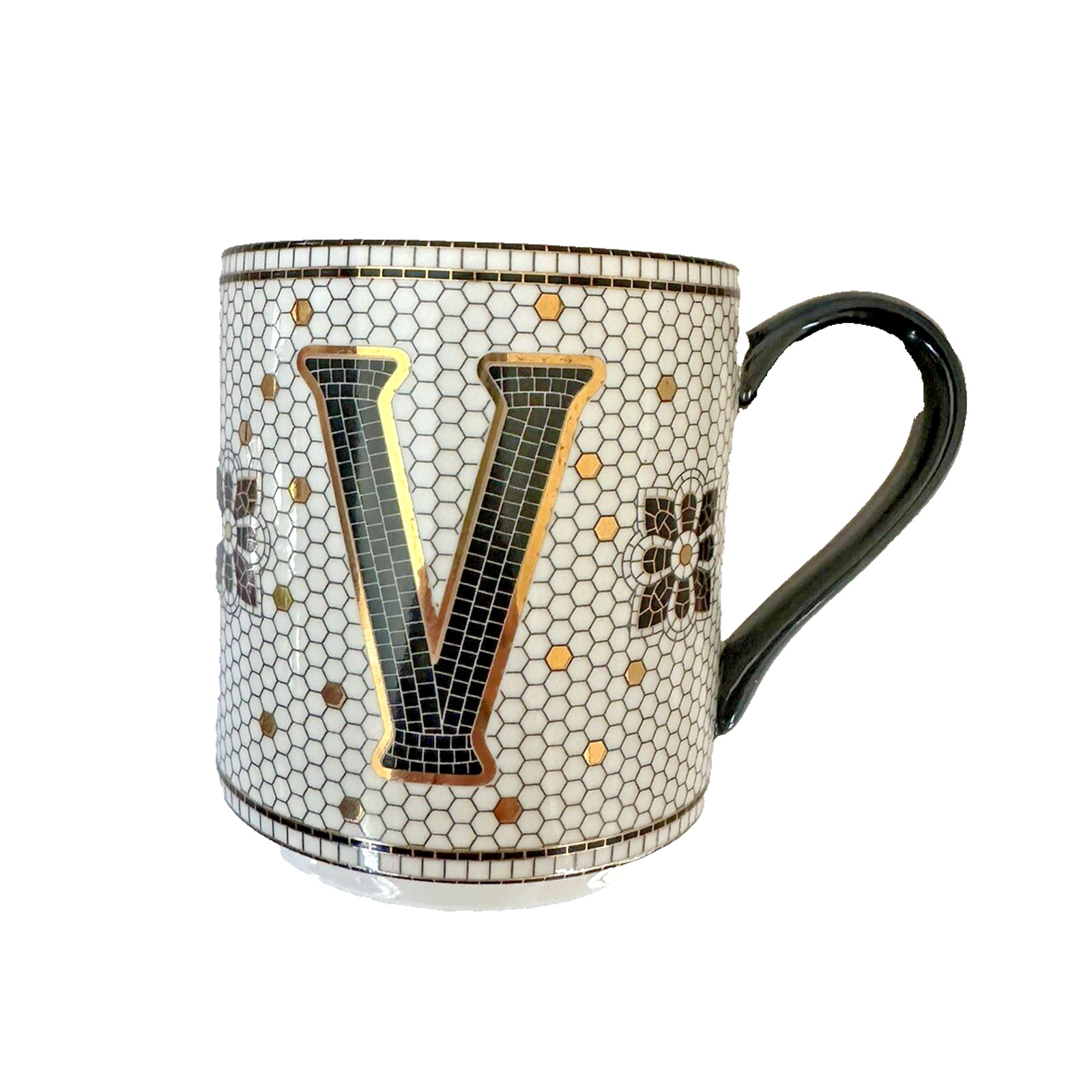 Anthropologie Victory Coffee Mug Bistro Margot Monogram Tile Metallic Cup V