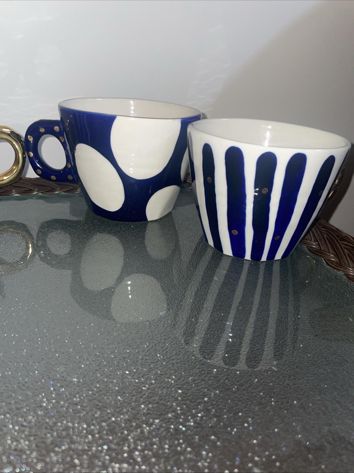Anthropologie Bridget Bodenham Mug Set Blue Stripe Polka Dot Gold Boho Pottery
