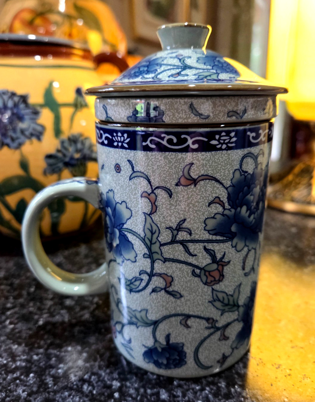 Three-piece Asian Ceramic Tea Cup Mug with Handle Lid Infuser 5.5″ Celedon Green