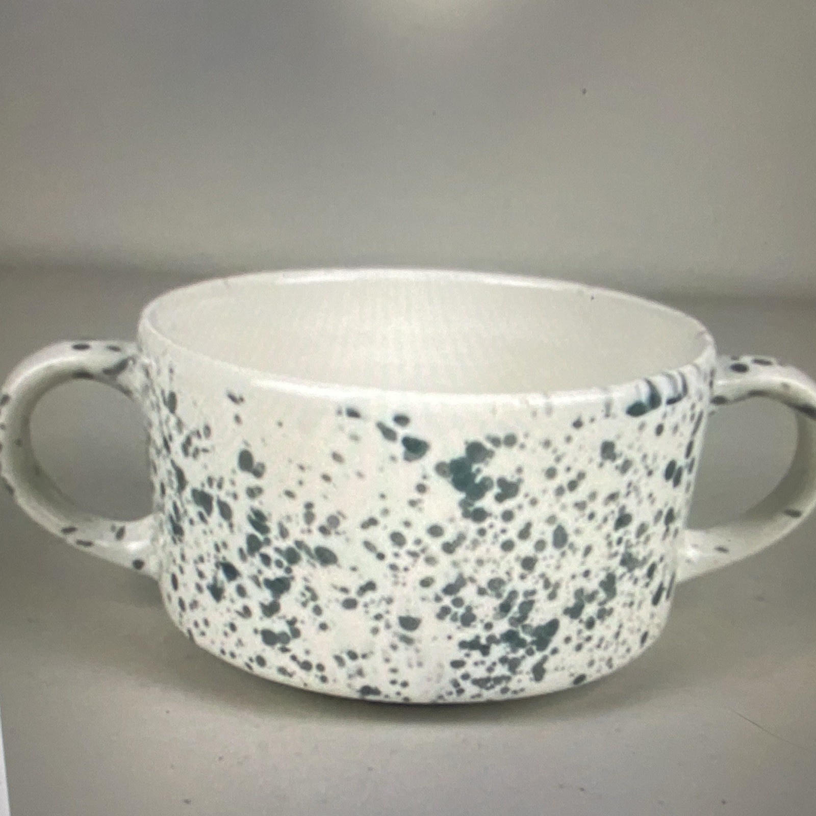 White/Blue Speckled Ceramic Coffee Cup, Double Handle, 10 fl oz, Round