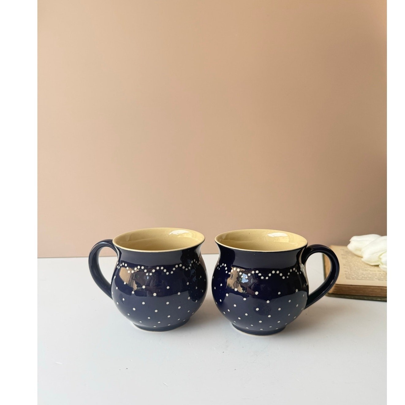 Echt Bürgeler Navy Blue White Dot Bulbous Coffee Tea Mugs Set 2 German Pottery