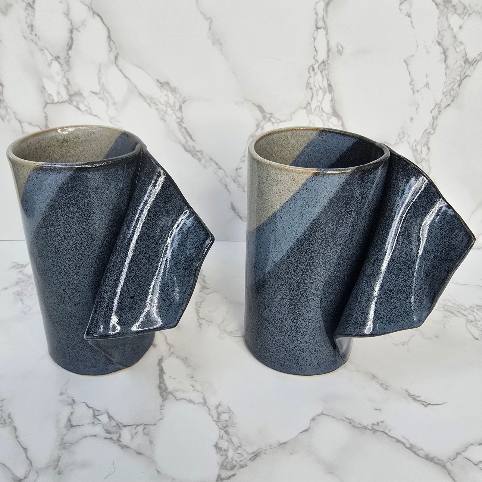 Studio Pottery Folded Handle Mugs Set of 2 Navy Blue Speckled Stoneware Artisan