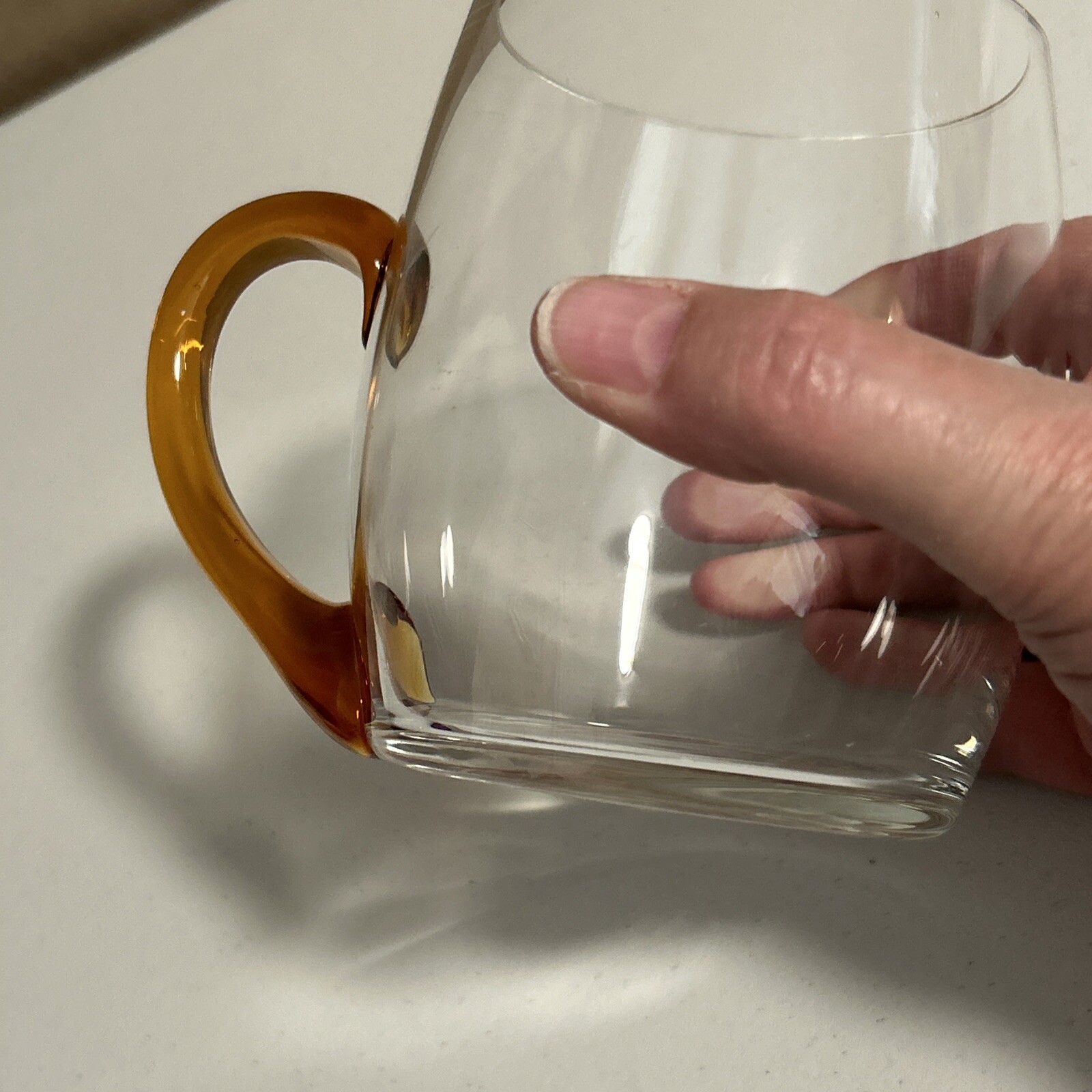 14 Ounce Hand Blown Clear Mug With Brown Amber Orange Handle