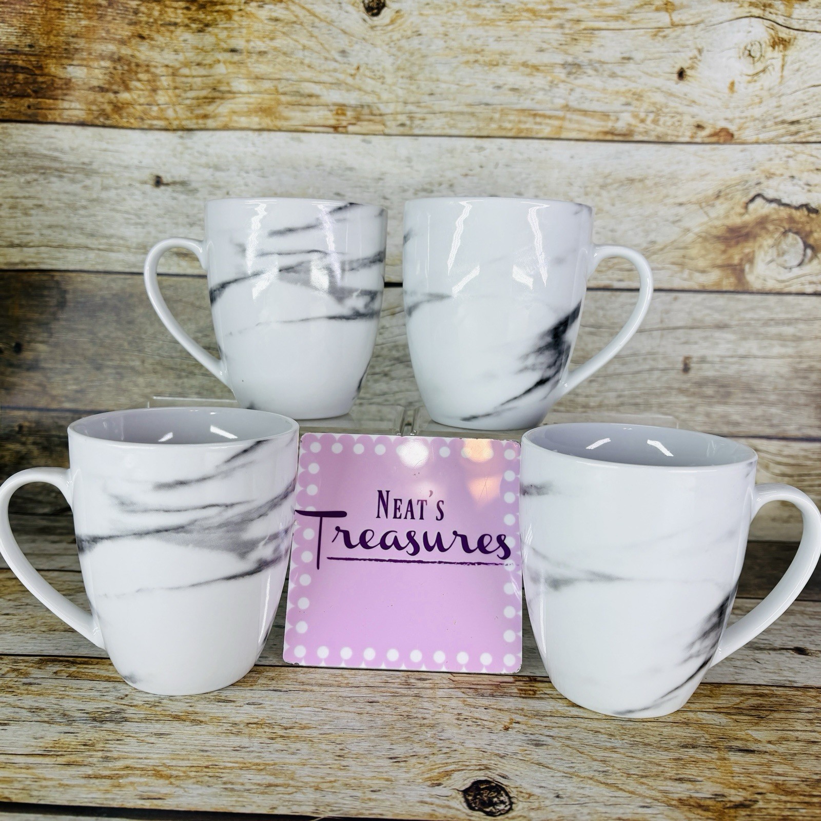 H2K Home To Kitchen MARBLE Design White Gray 14oz Porcelain Cup Mugs Set of 4