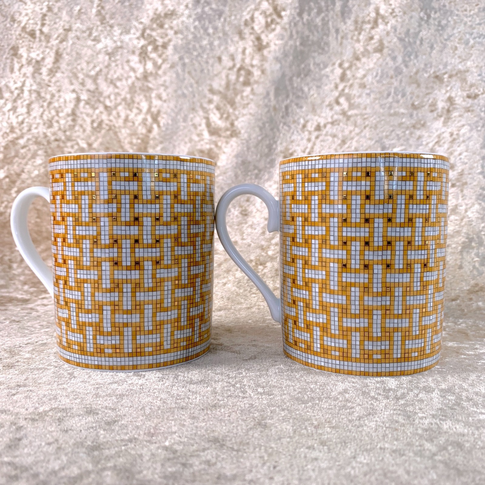 Hermes Paris Mug Cup Mosaique Au 24 Gold Porcelain Tableware Set of 2 with Case