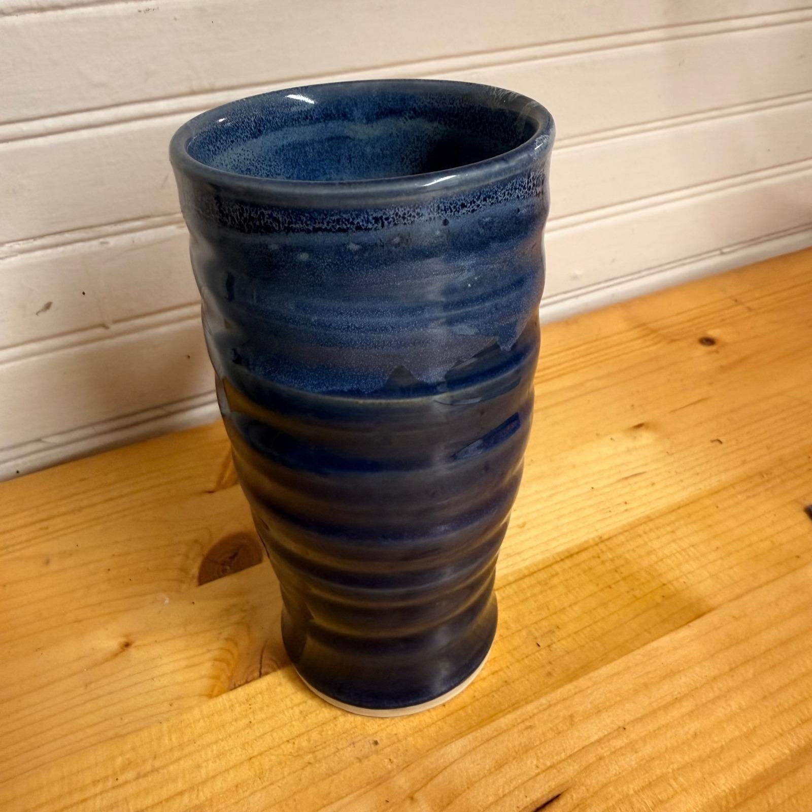 Handmade Studio Art Pottery Tall Mug Blue Glaze Swirl Cozy Coffee Tea 12oz. Mug