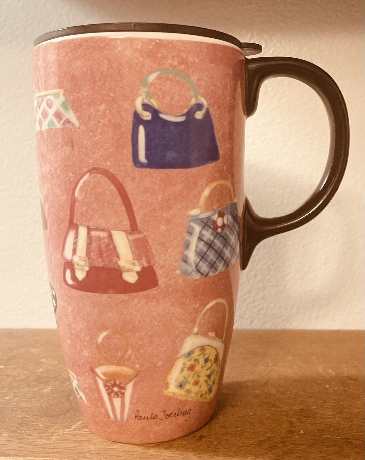 Cypress Home Travel Mug Tumbler Lid 16 oz Pink Purse Lovers Ceramic Cup Handle