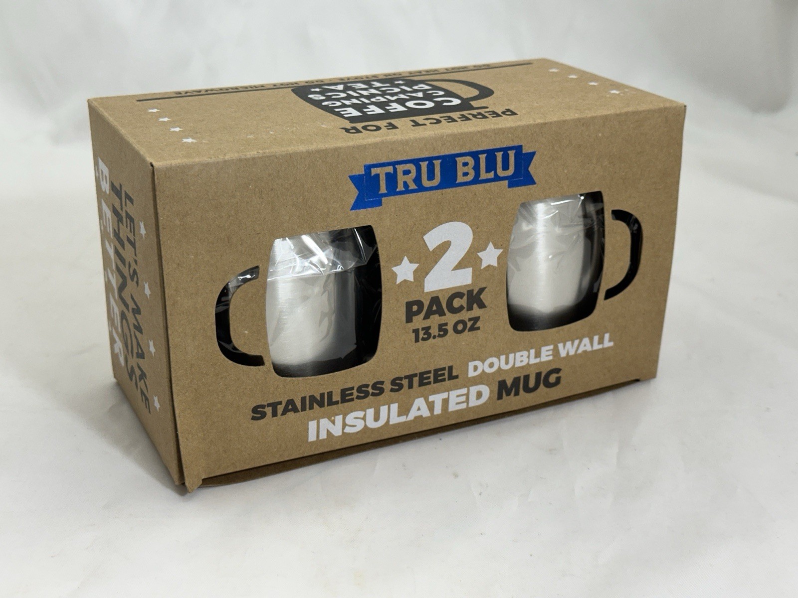 2 Pack Tru Blu Stainless Steel Double Wall Insulated Mug w/ Handle & Lid 13.5oz