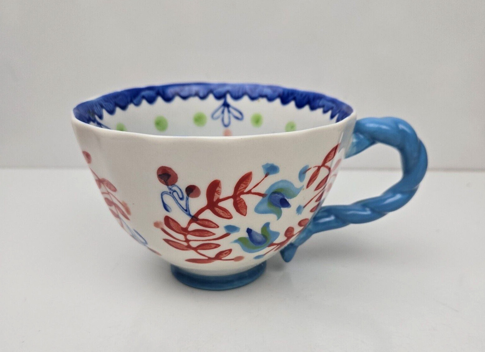 Anthropologie Mug PERCEFOREST Hand Painted Floral Flowers Twisted Handle Blue