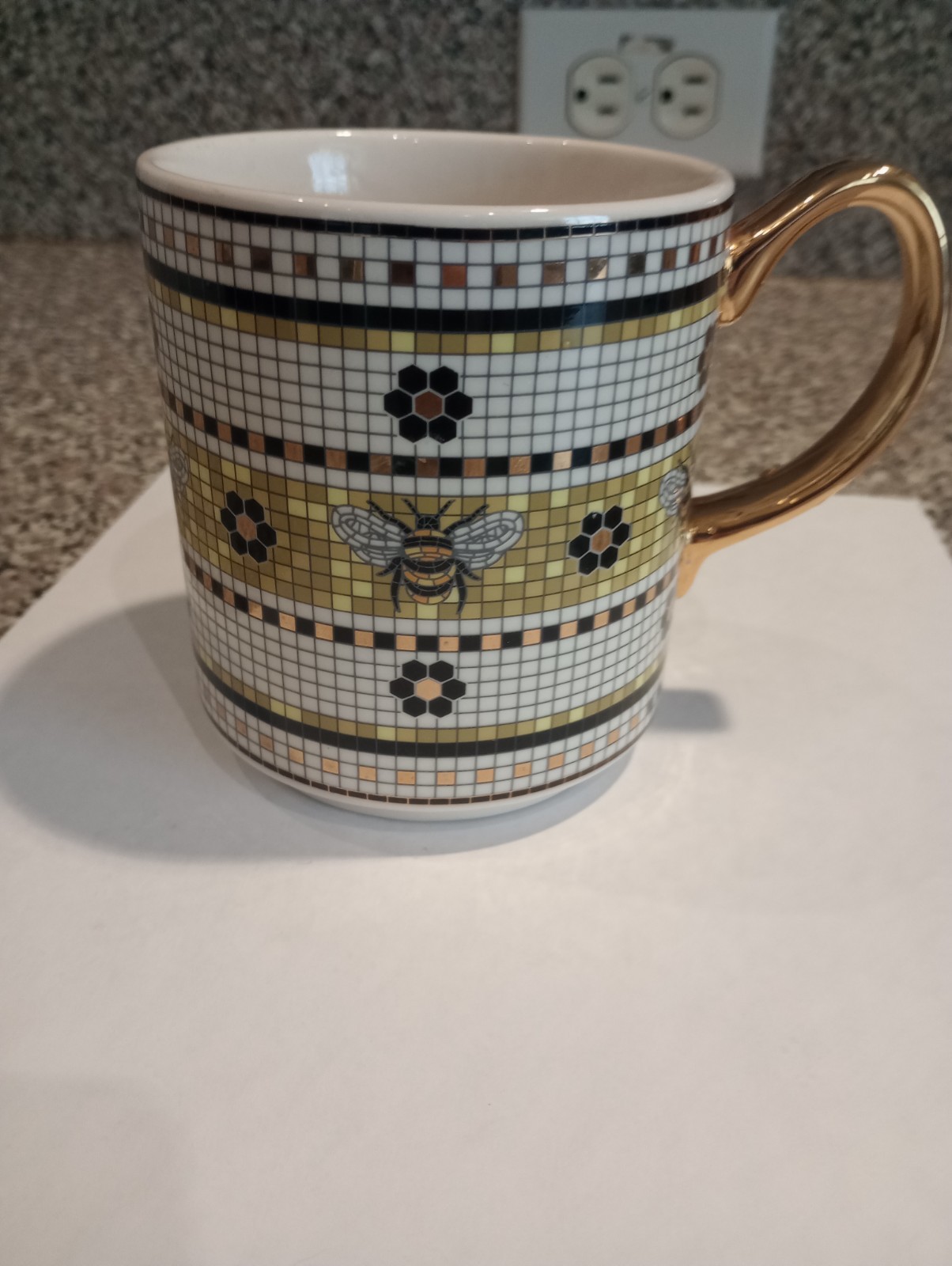 By Anthropologie Bistro Mosaic Tile Bee Stoneware Garden Gold Coffee Mug Cup