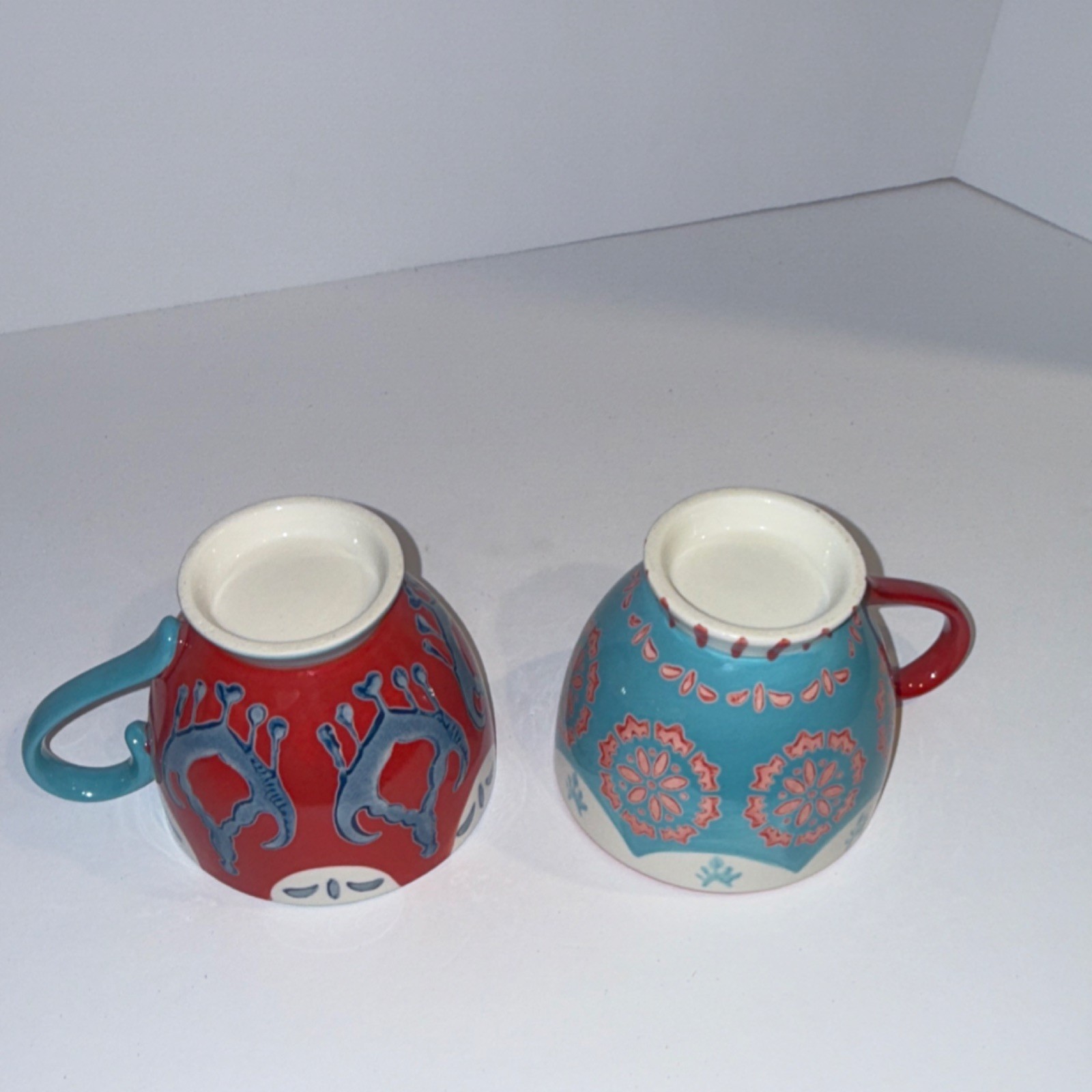 Decorated Ceramic Hand painted Mug Set of 2 Red Blue White Bohemian Pattern
