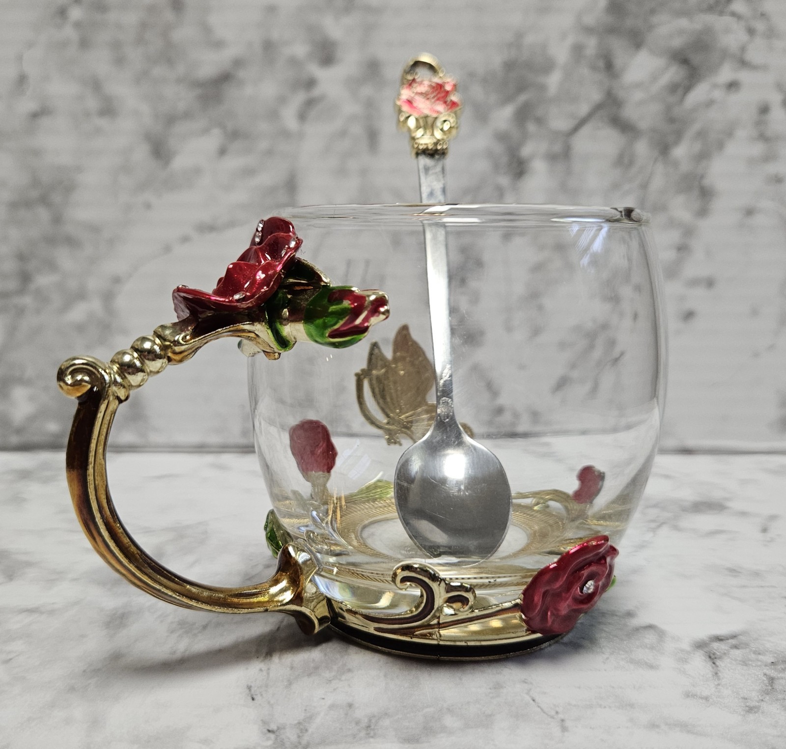 Coffee Tea Cup With Embellished Butterfly And Flowers