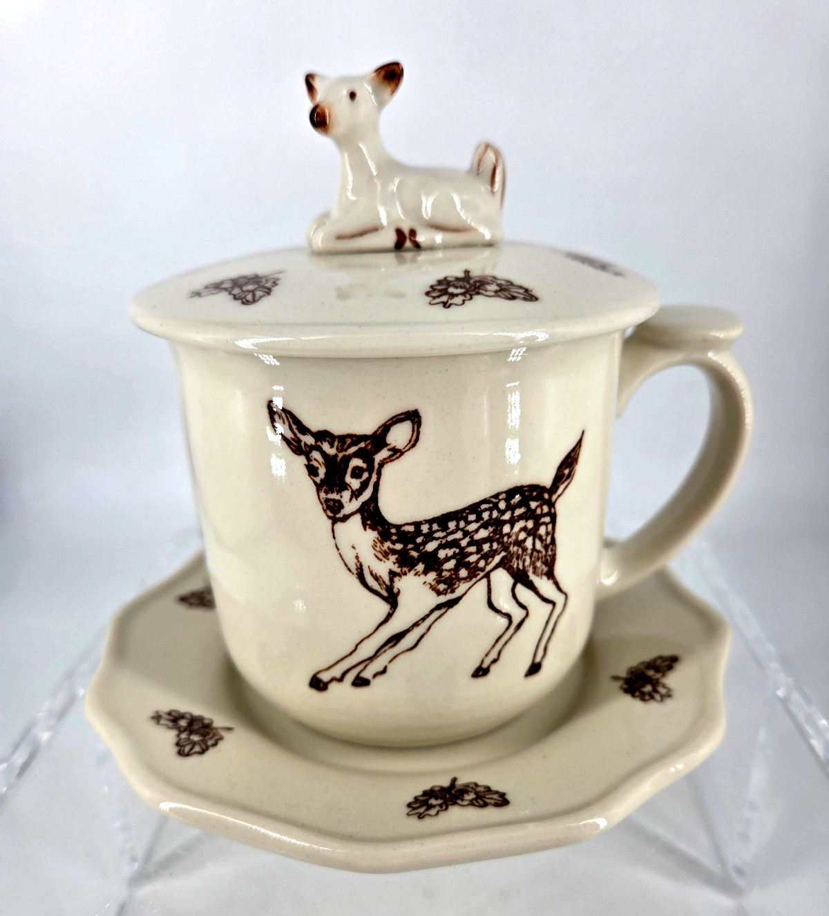 Vintage porcelain 3-piece 12 oz DEER FAWN COFFEE TEA MUG Brown Cream Lid Saucer