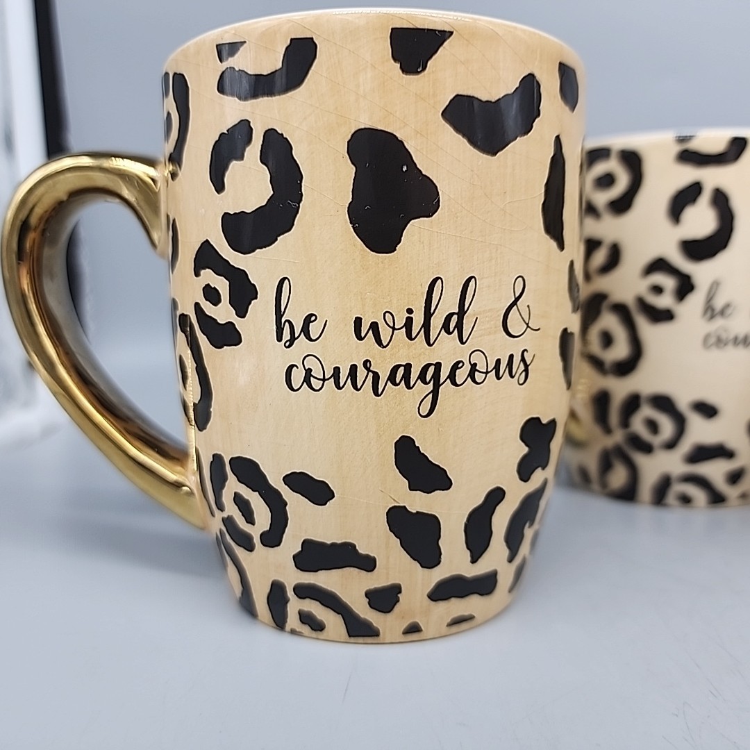 Set Of 4 Pier 1 Leopard Print Mug, be wild & courageous, 12 FL OZ Ceramic Animal