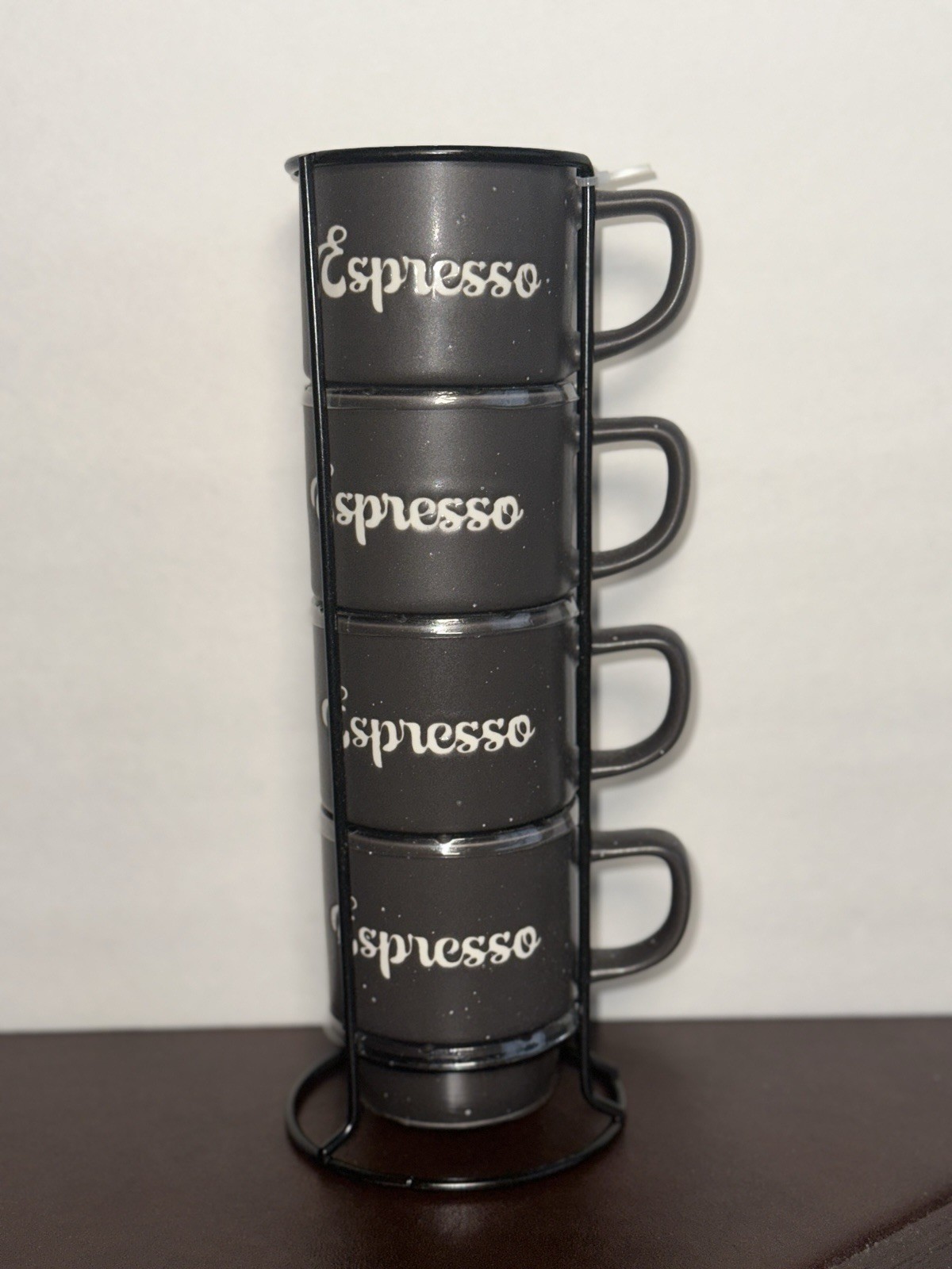 Stackable Gray Stoneware Espresso Cup Mug (Set Of 4) With Holder Coffee