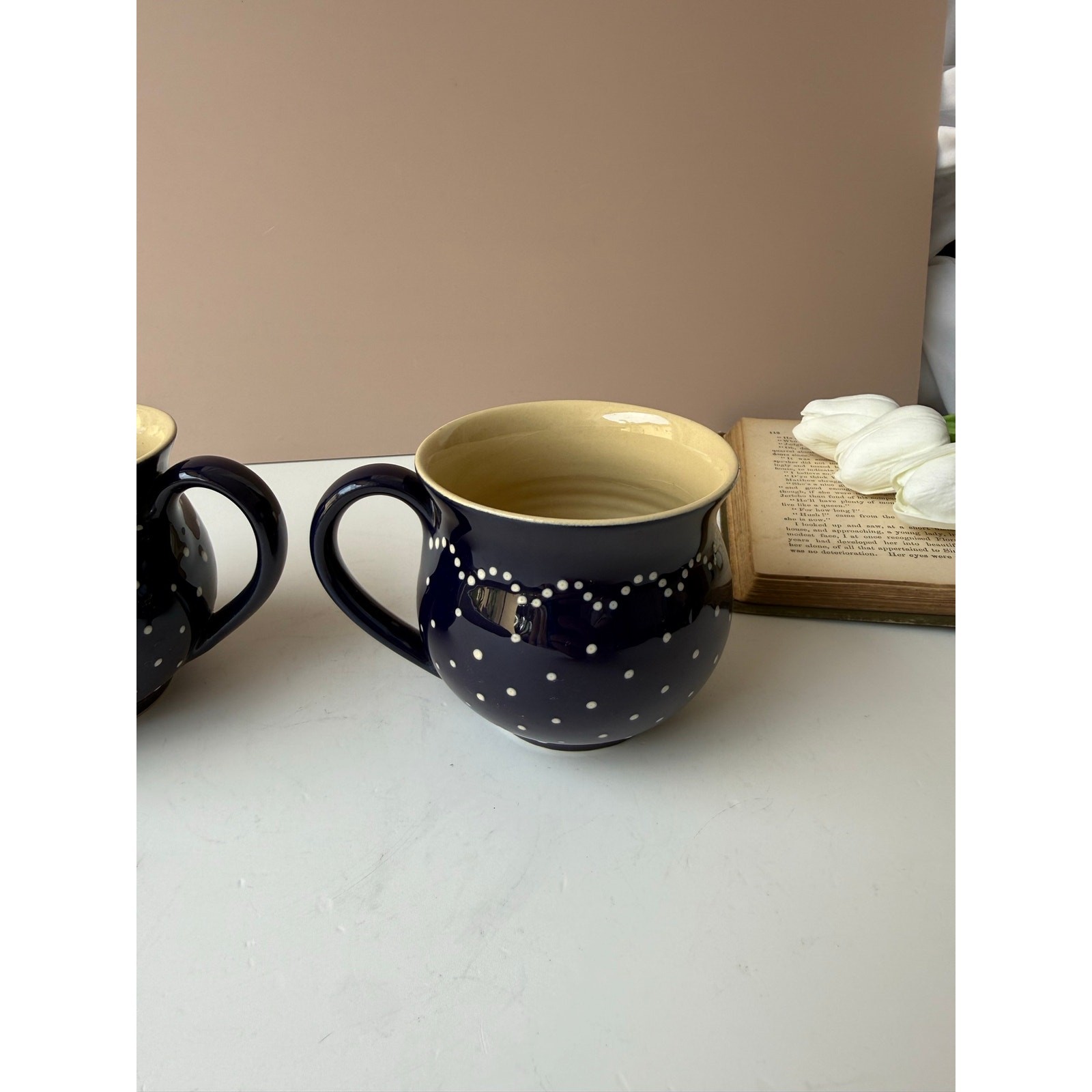 Echt Bürgeler Navy Blue White Dot Bulbous Coffee Tea Mugs Set 2 German Pottery