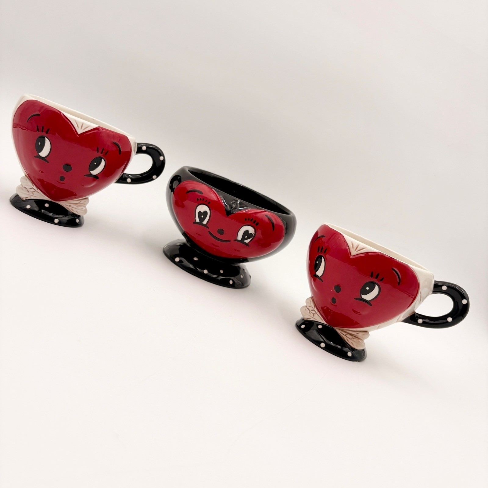 Johanna Parker Valentines Set of 3 Heart Cups Bowl Whimsical Vintage Retro