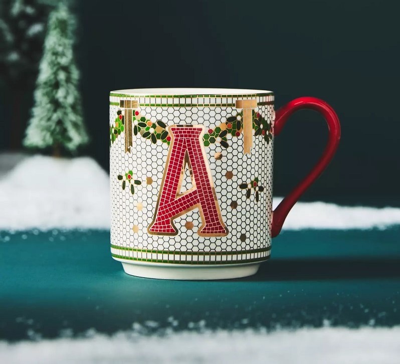 Anthropologie Festive Bistro Tile Stoneware Monogram Mug Letter “A” Red 24k gold