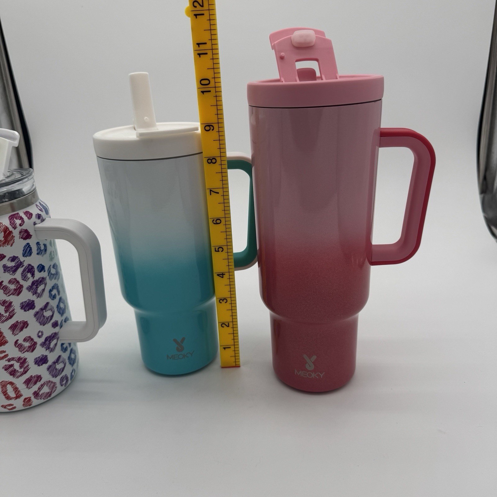 Lot Of 3 Meoky Insulated Tumblers Leopard Print Pink Blue Handles
