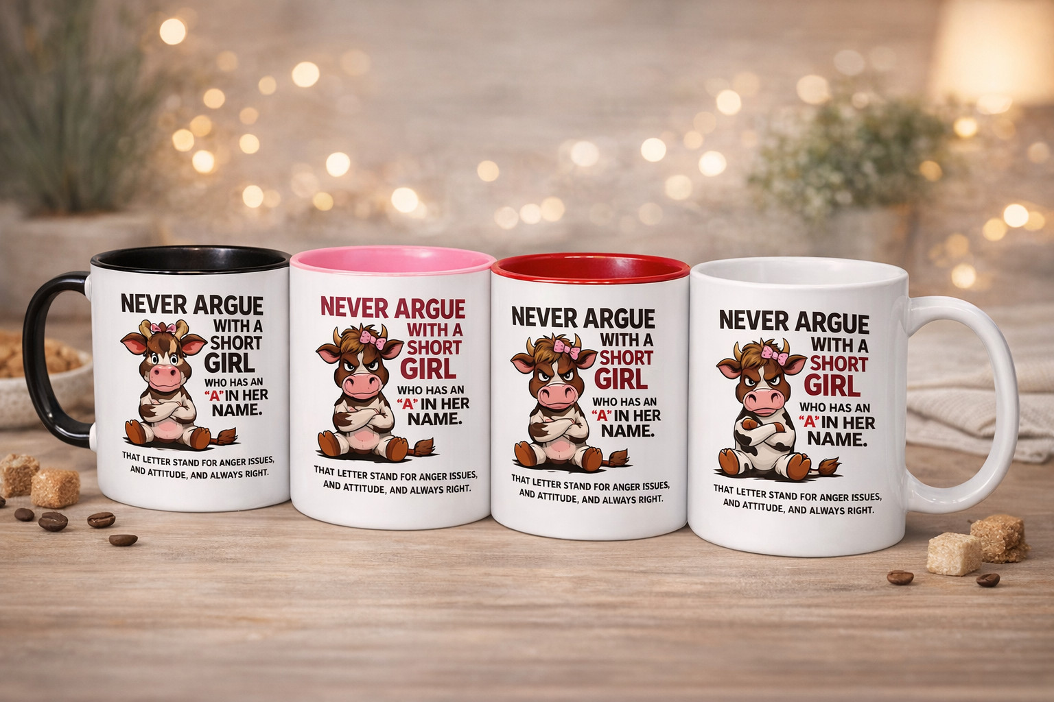 Never Argue With a Short Girl Mug – Funny Cow Coffee Cup 11oz Black Handle