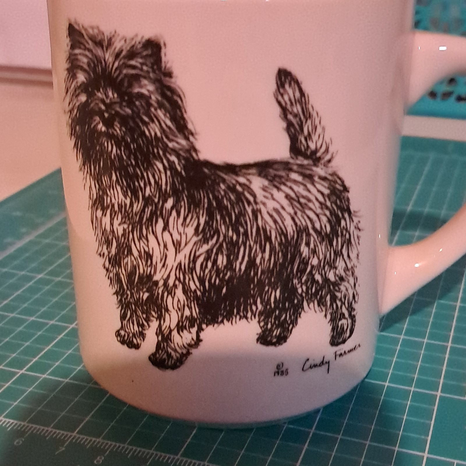 12 fl oz White Ceramic Coffee Mug Black Dog Illustration Cindy Farman Signed