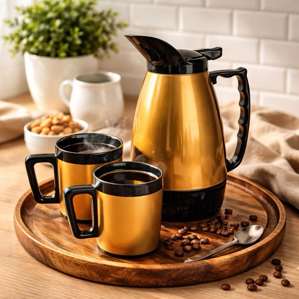 VTG Coffee Carafe 32oz w/ 2 Thermo Serv Mugs 8oz Gold Black MCM Retro