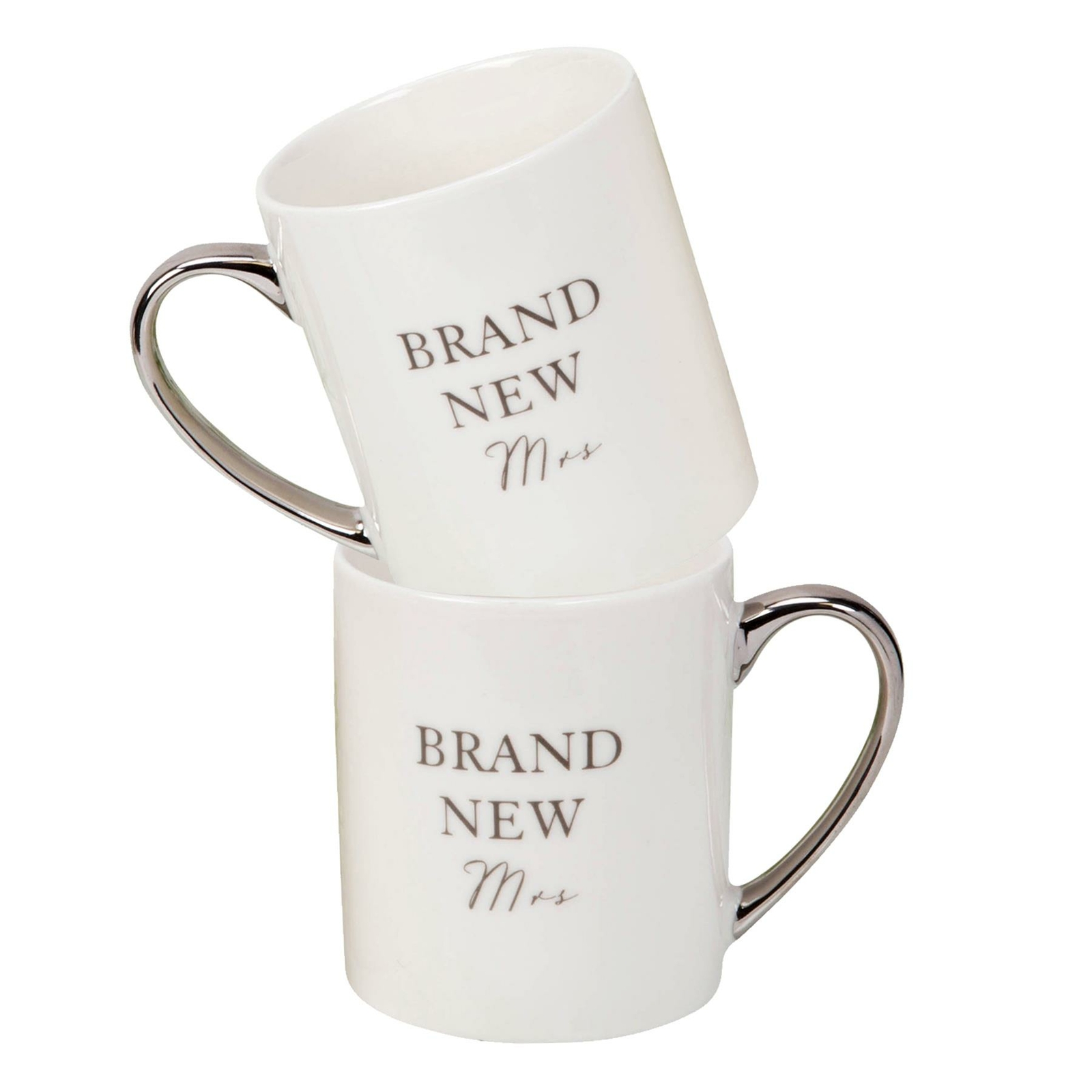 Wedding Mug Set of 2 White with Silver Wording – Brand New Mrs and Mrs
