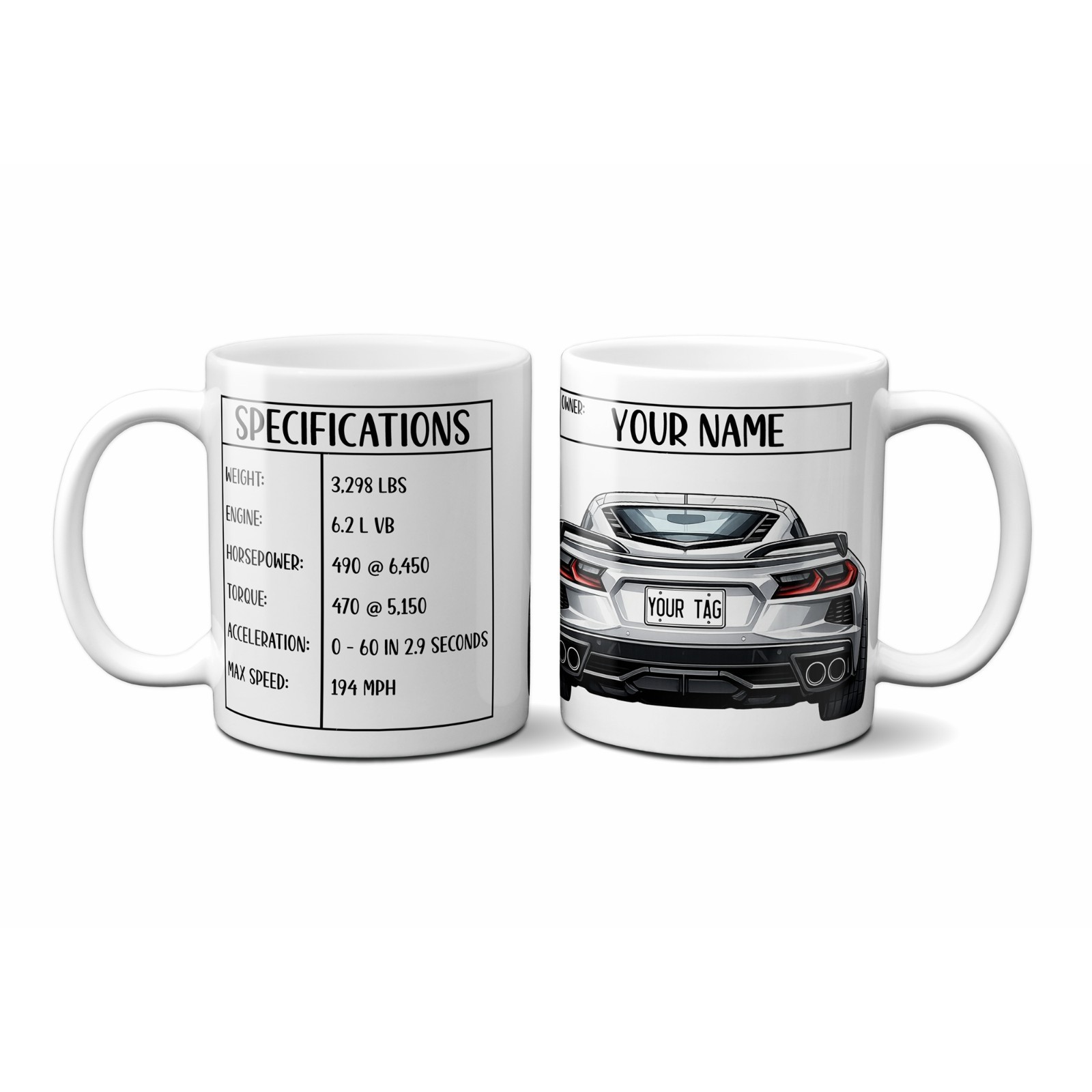 Personalized C8 Corvette inspired Sports Car Coffee Mug, 11oz, Name and Tag