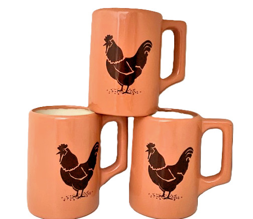 Chicken Mugs Diner Style Set of 3 Unique Vintage Cups Peach Color Rustic MCM