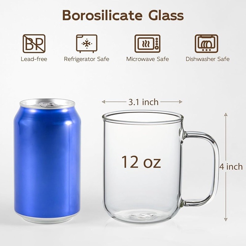 Clear Borosilicate Glass Coffee Mugs Lightweight Dishwasher Microwave Safe Set